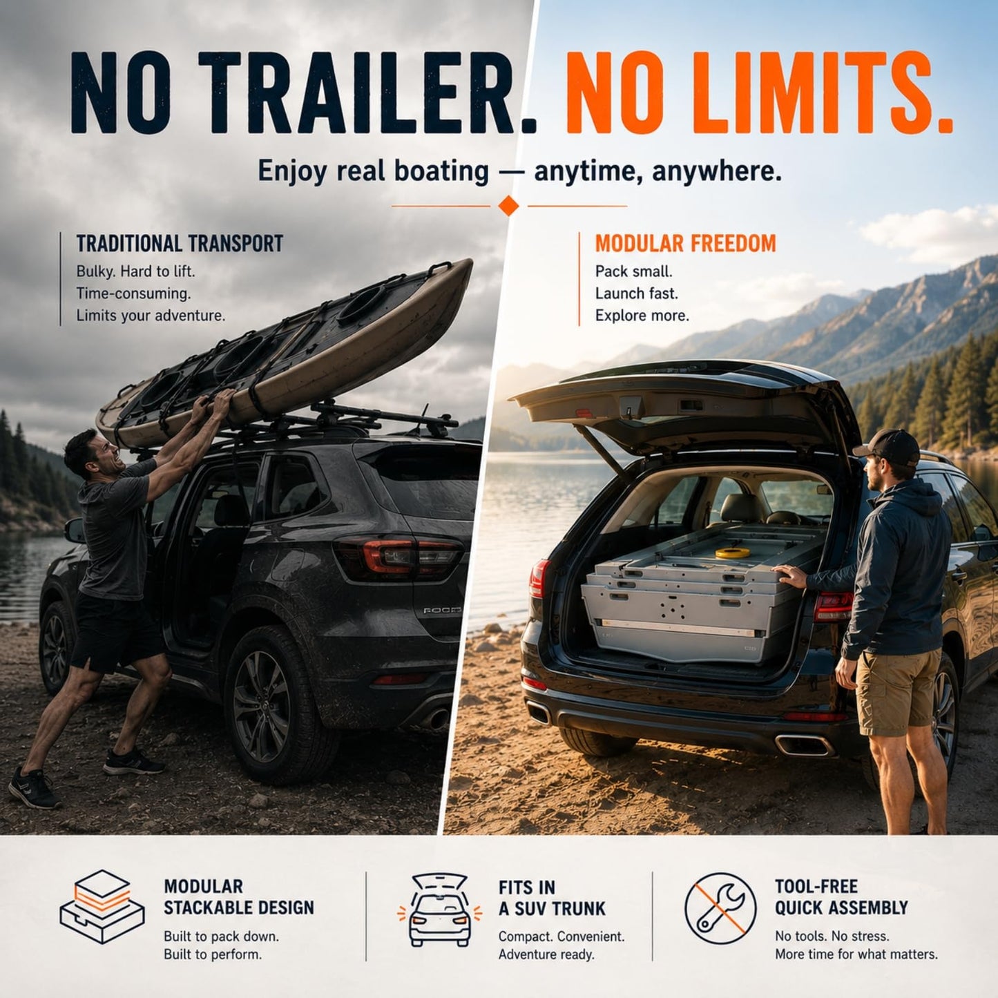 Artigree Fishing Boat, Folding Pontoon Boat, Fits in SUV Trunk - Portable Modular Kayak, Seats 4-6, Motor-Ready, Sturdier Than Inflatable Boats - Ideal for Lure Fishing, Rowing, Travel (Pro, Gray)