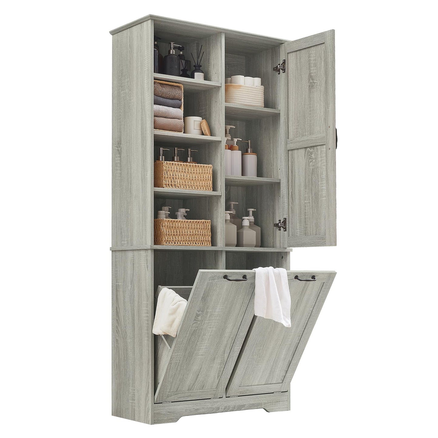 Merax Cabinet with Tilt-Out Laundry Hamper Basket, Tall Bathroom Storage Organizer Linen with Open Shelf for Home, Freestanding, Oak