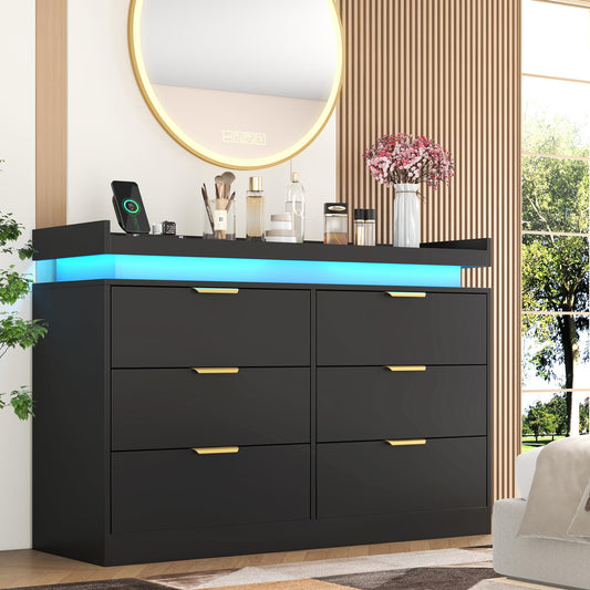 6 Drawer Dresser for Bedroom, Black Dresser with LED Lights and Power Outlet, Modern Chest of Drawers for Closet, Double Wide Drawer Organizer Cabinet for Bedroom, Living Room, Entryway, Hallway