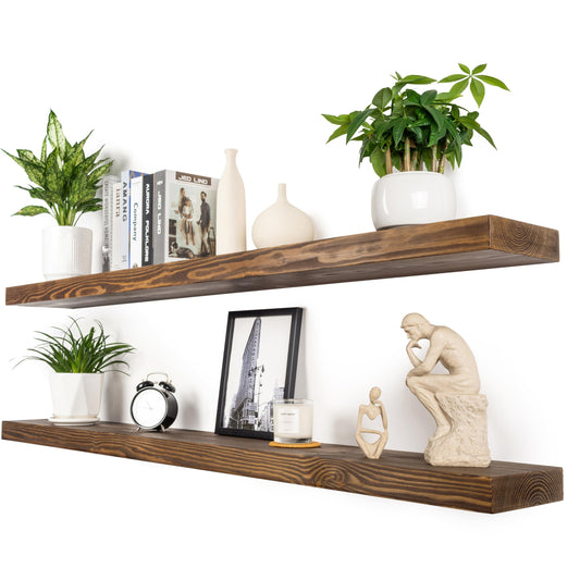 XWNE 60 Inch Floating Shelves,8-Inch Deep High-End Solid Wood Long Floating Shelves for wall Set of 2, Rustic Walnut Wall Shelves for Bedroom Kitchen &Living Room, with Sturdy Hidden Bracket, Walnut