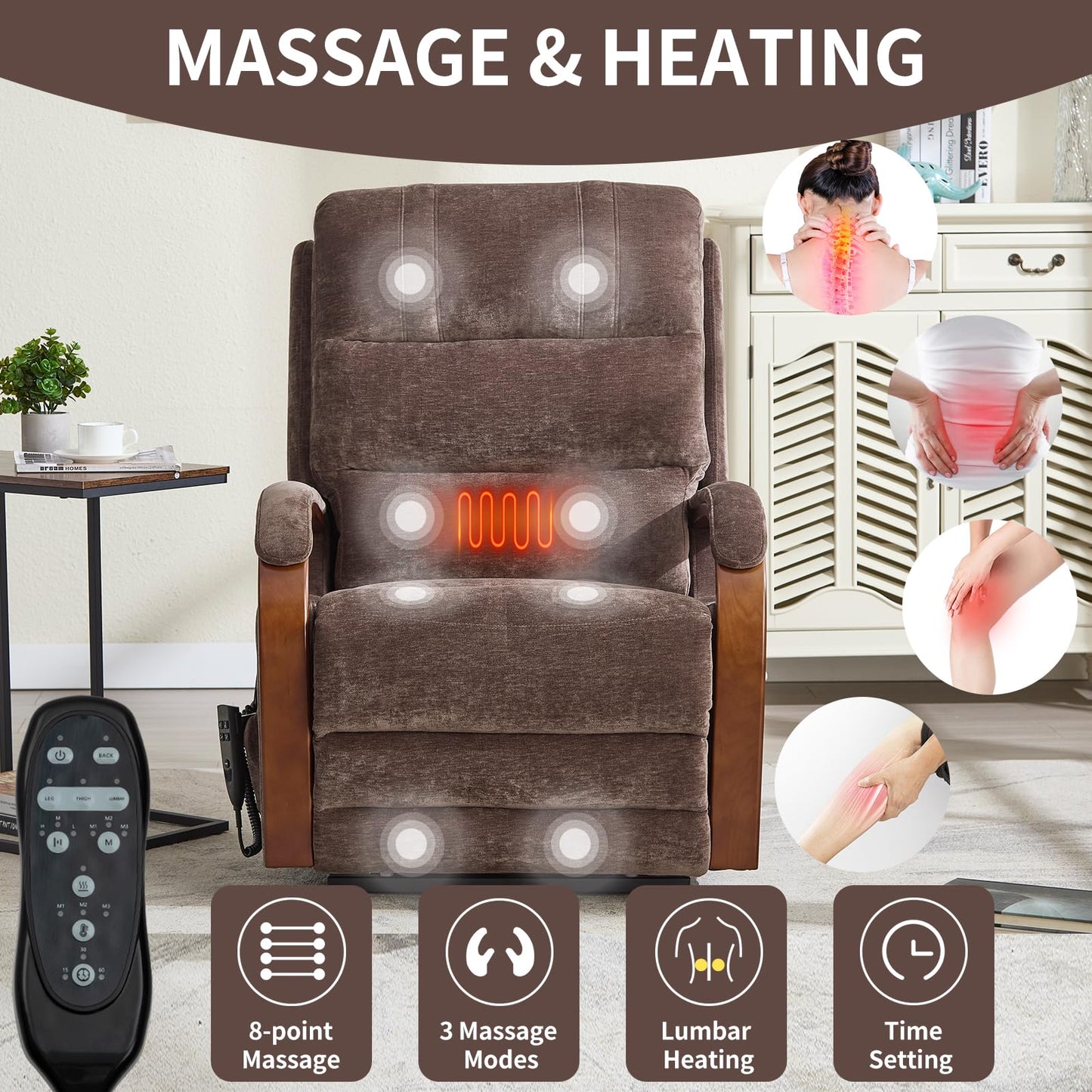 KEIKI Chenille Electric Power Lift Recliner Chair with Heat Massage, Solid Wood Armrests & Timer Function, Elderly Lazy Boy Sofa Seating for Home Theater, Infinite Position, Dual Motor, Up to 350 LBS