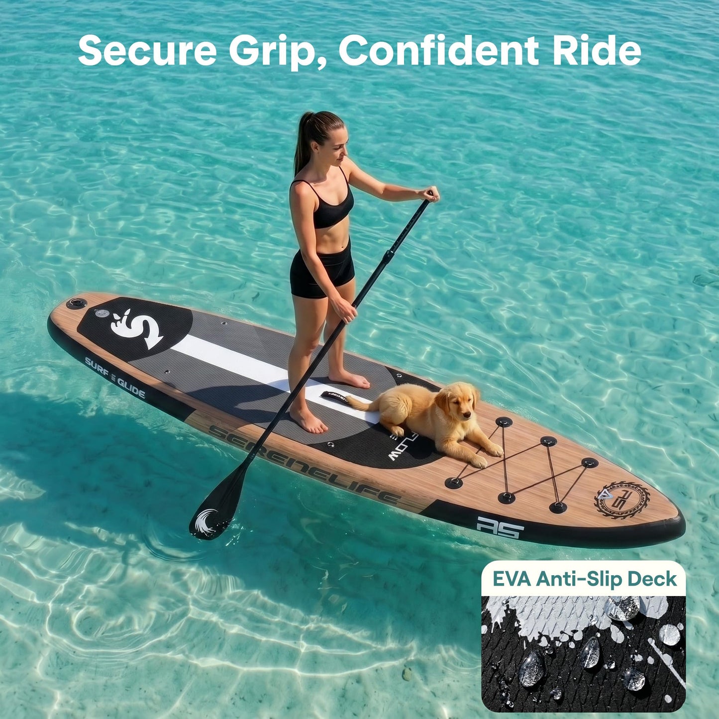 SereneLife Inflatable Stand Up Paddle Board - Wide Stable Design, Non-Slip Deck for Adults & Youth with Premium Paddle Board Accessories: Carry Bag, Dual Action Pump, Paddle, Ankle Leash - 10'6"