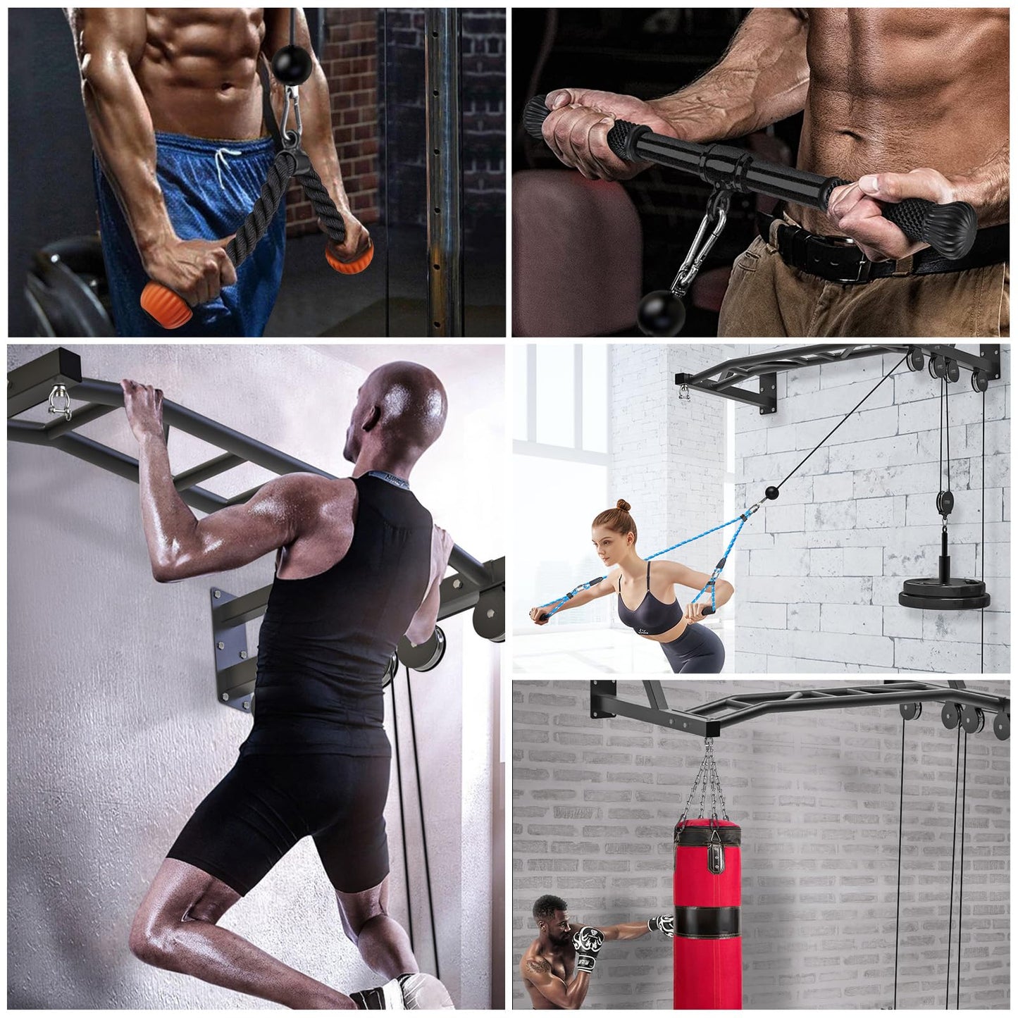 SELEWARE 48'' Heavy Duty Pull Up Bar Wall Mount Multi-function Chin up Bar with Home Gym Cable Pulley System LAT Pulldown Workout Attachments Heavy Bag Hanger