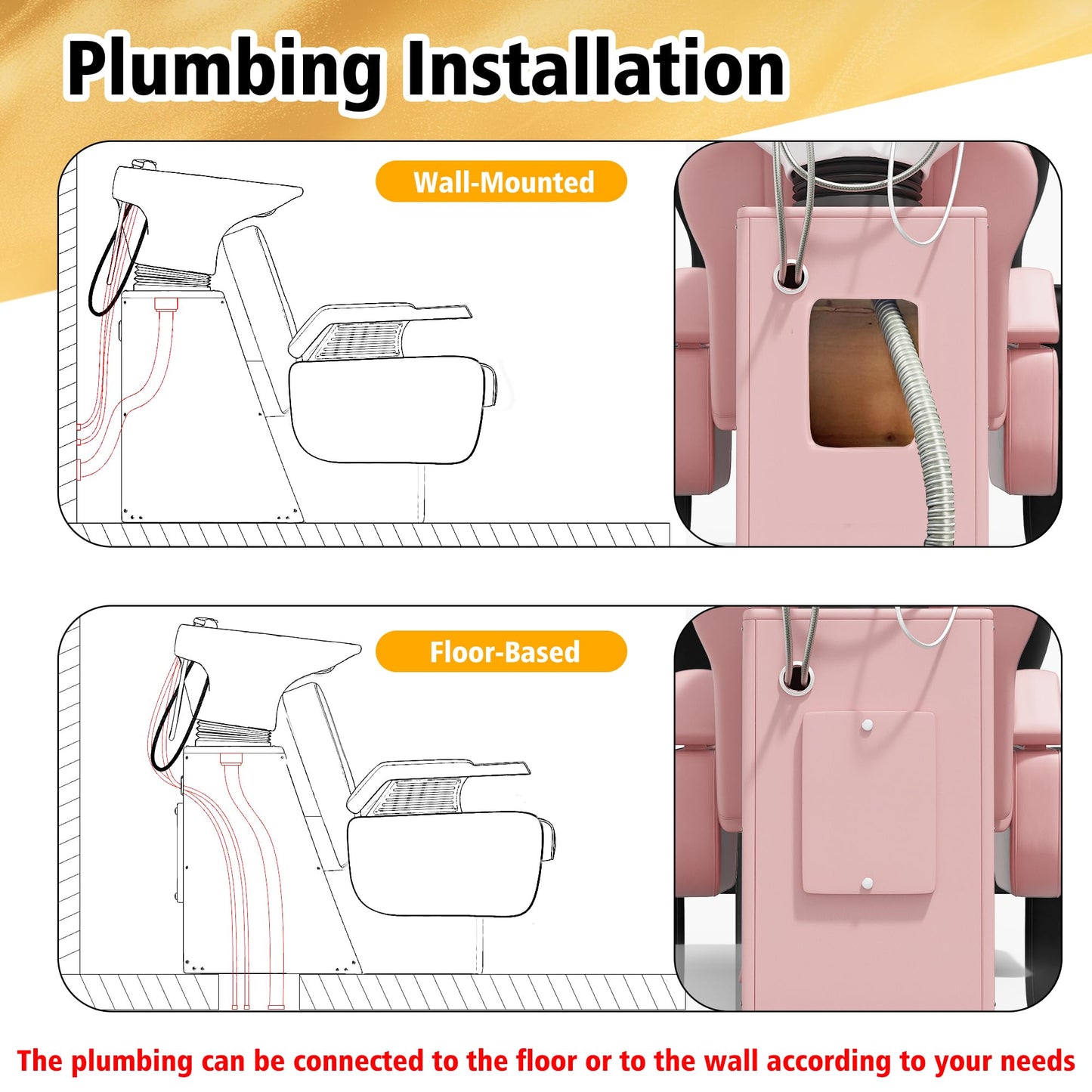 KIGOTY Salon Shampoo Backwash Chair, Shampoo Bowl and Chair Set, Hair Washing Station with Large Adjustable Ceramic Bowl, Shampoo Bowl Sink Chair for Salon (Pink)