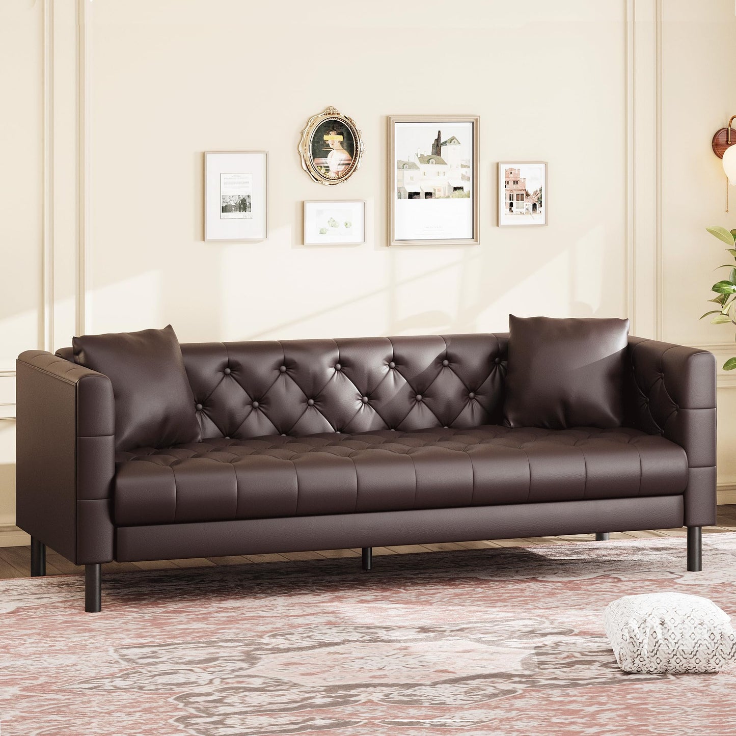 Garvee 81 in Leather Couch for Living Room, Modern Leather Sofa with Deep Seat, Handmade Button Tufted 3 Seater Sofa, Chesterfield Couch for Apartment or Office, Dark Brown