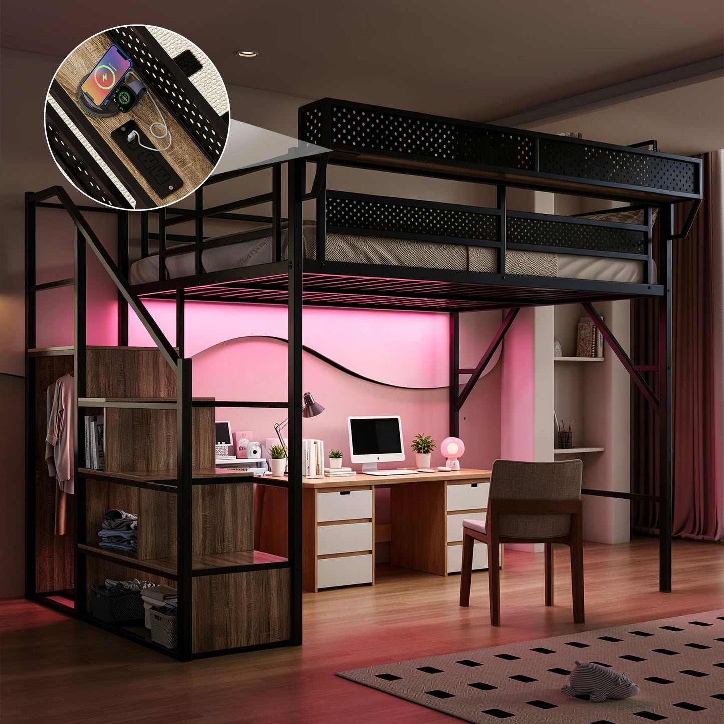 FAVSH Queen Size Metal Loft Bed with Reversible Stairs and LED & USB Port