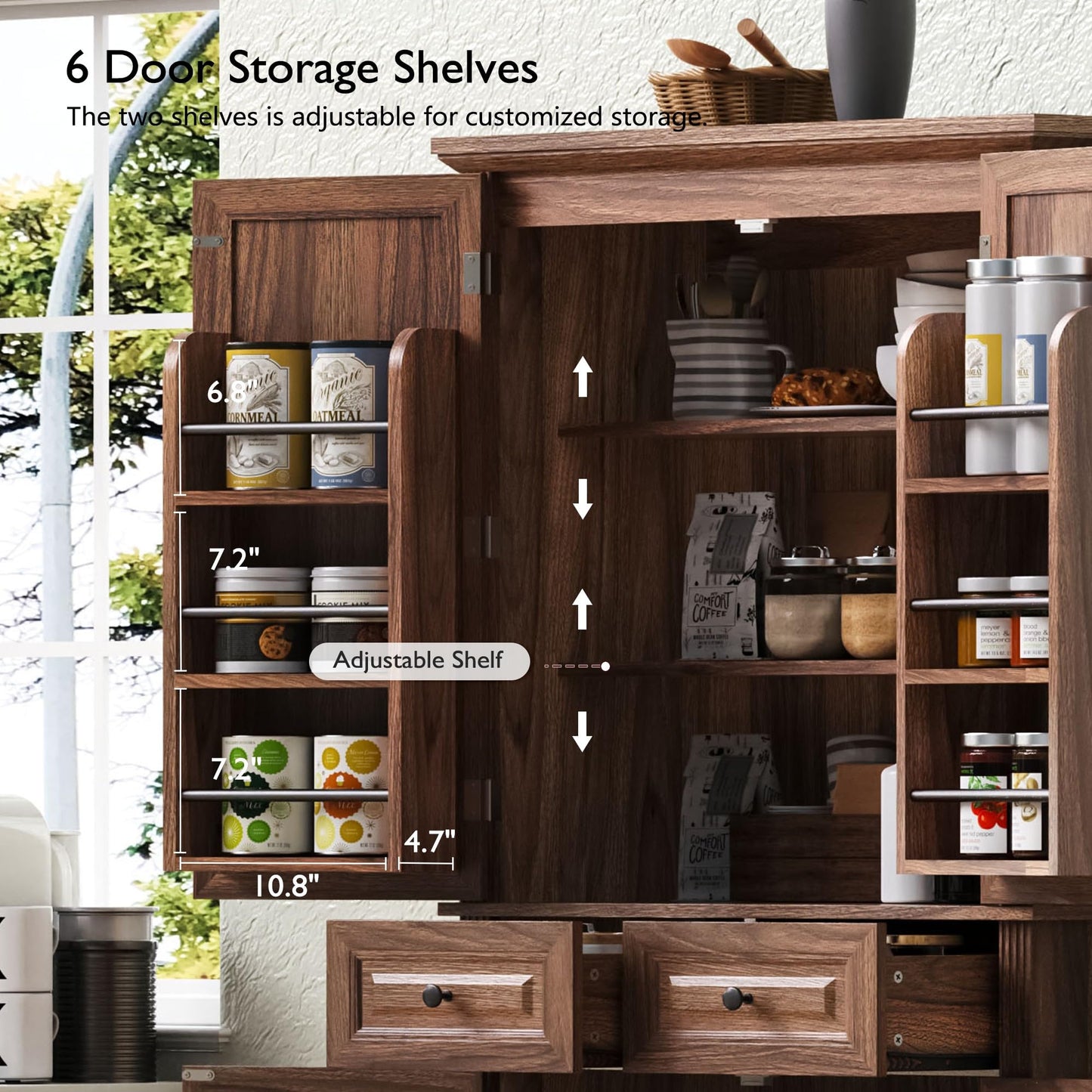 GDFStudio Hakf 71" Tall Kitchen Pantry Cabinet, 3 Pull Out Pantry Cabinet Organizers, Spacious Storage Organizer with 6 Door Shelves, 2 Drawers, Freestanding Cupboard for Kitchen Dining Room, Brown
