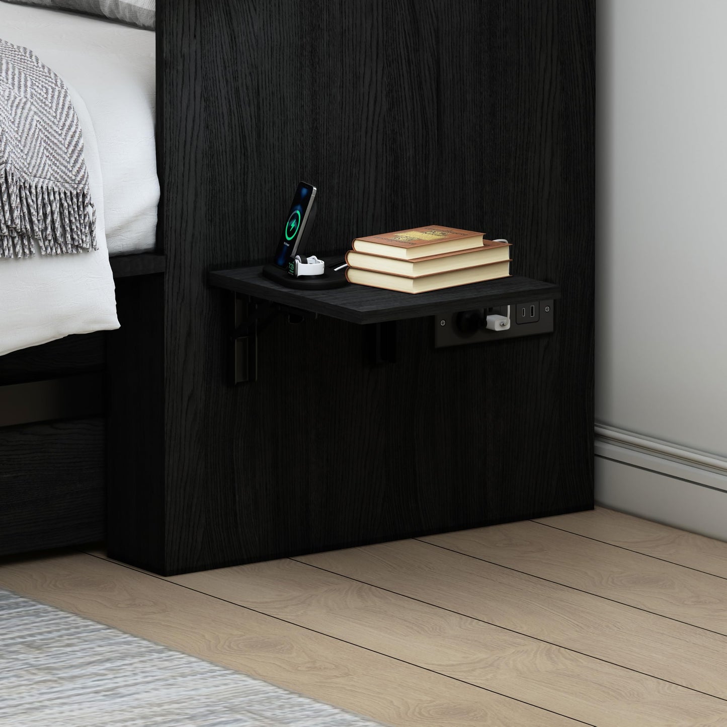 Bvldfamly Full Murphy Bed with Charging Station, Farmhouse Noisy-Free Foldable Cabinet Bed Frame with Storage Drawer, Space Saving Hideaway Wall Bed for Guest Bedroom, Living Room, Office, Black