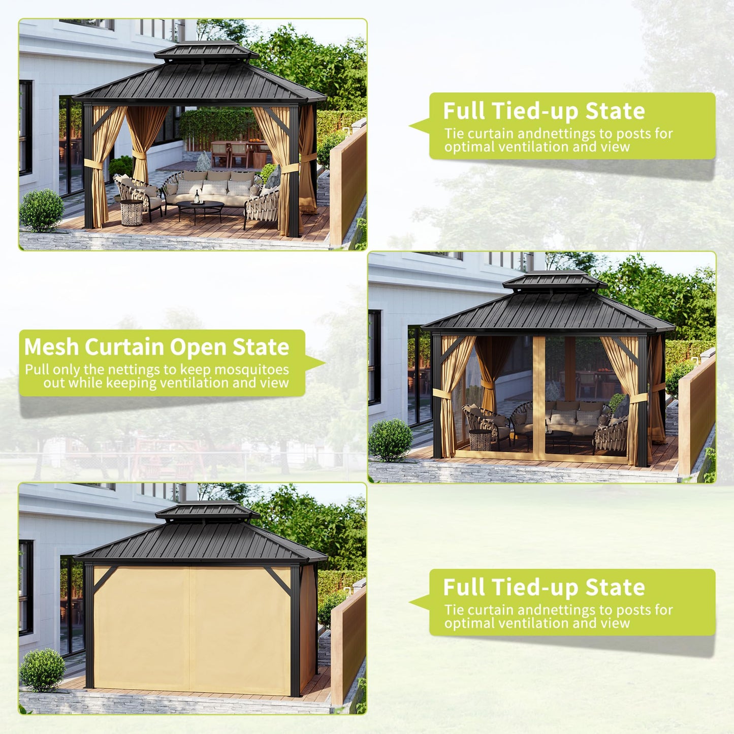 10x12FT Hardtop Gazebo, Heavy-Duty Aluminum Frame Canopy with Galvanized Steel Double Roof, Outdoor Pergola with Mosquito Netting & Waterproof Curtains for Patio, Backyard, Deck & Lawn