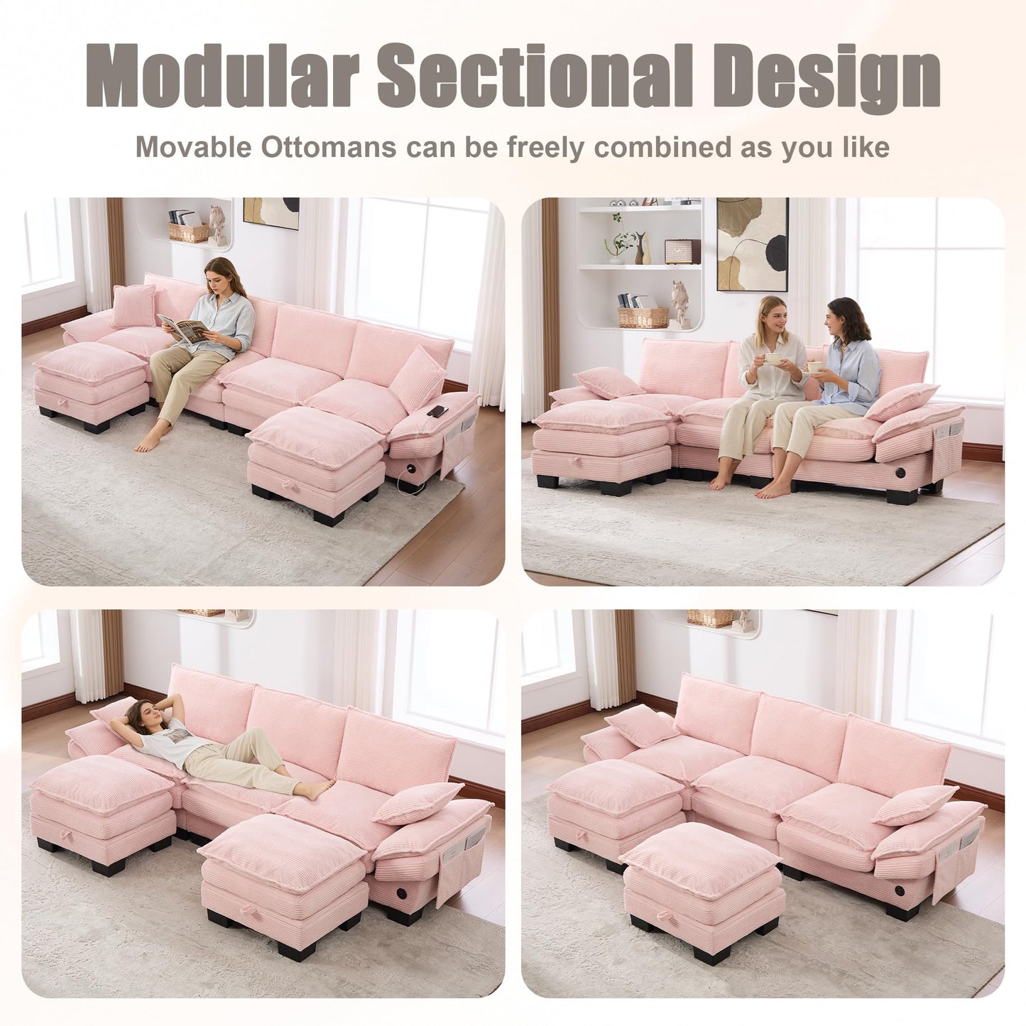 102" Oversized Cloud Modular Sectional Sofa with Movable Ottoman, Free Combination Convertible L Shaped Corner Couch Sets,Comfy Corduroy Upholstered Pink Sofa & Couch for Living Room