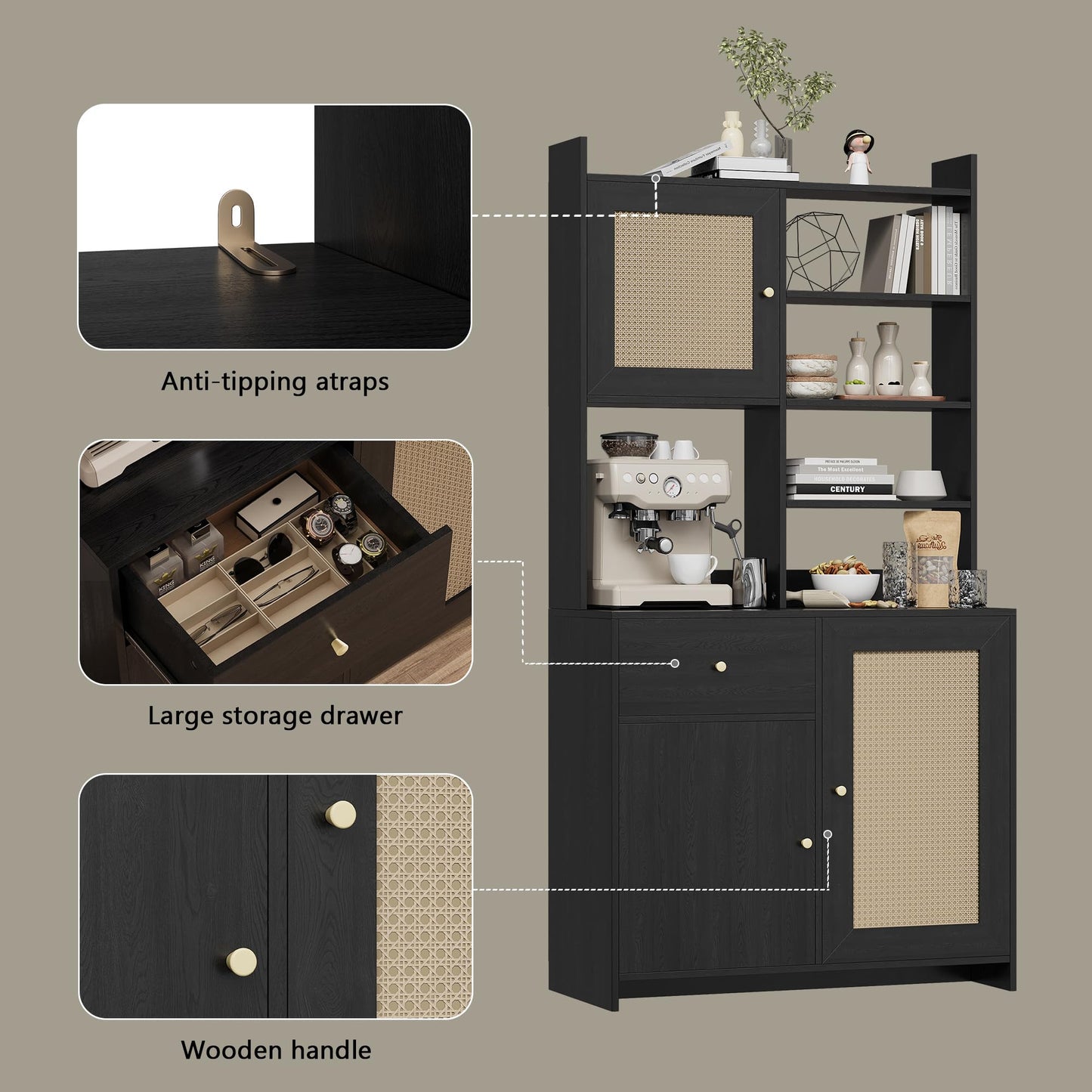 71'' Tall Kitchen Pantry Storage Cabinet, Kitchen Hutch Bar Cabinet with Microwave Stand, Farmhouse Buffet Cabinet w/Drawer, 3 Adjustable Shelf & 3 Rattan Doors for Kitchen, Dining Room (Black)