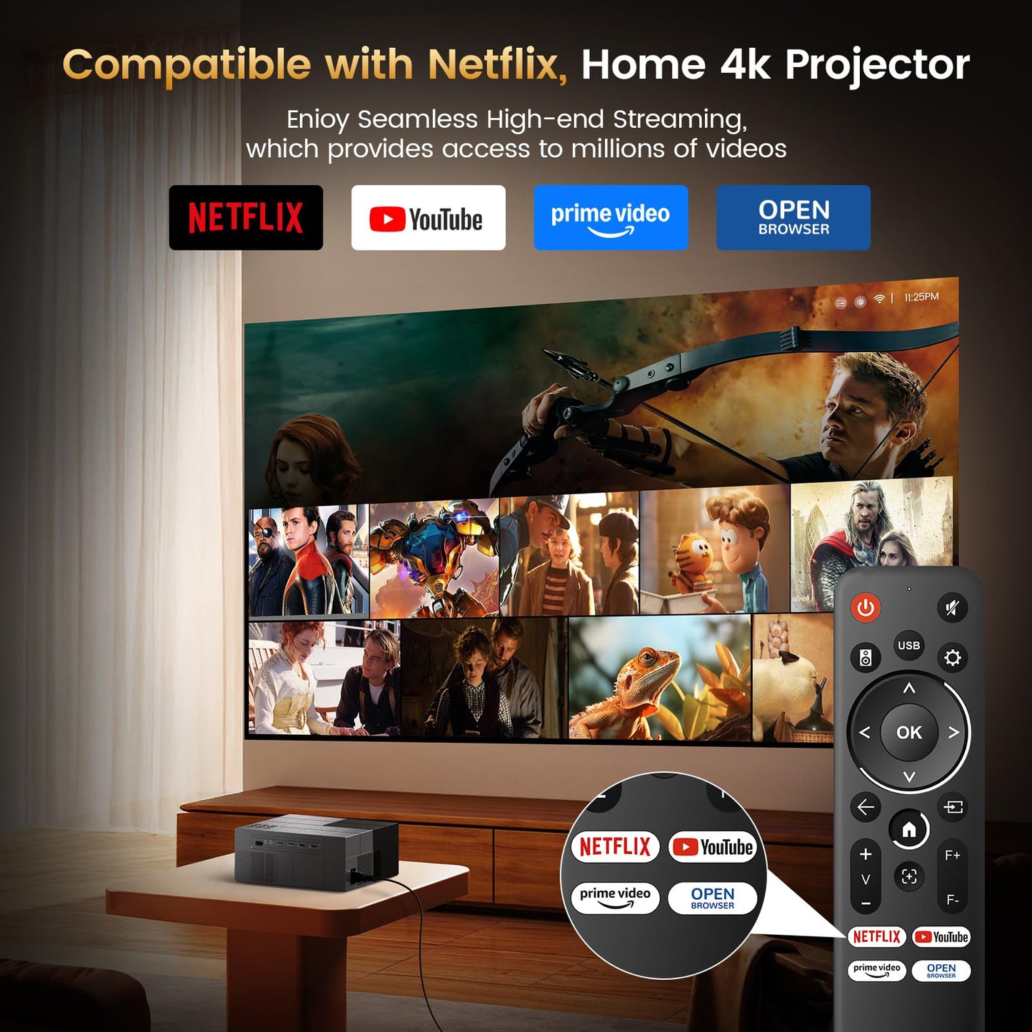 4K Projector with Built-in Apps, 1500 ANSI/Compatible with Netflix/Dolby Audio Smart Projector with WiFi 6 and Bluetooth 5.3,Outdoor Movie Proyector for Home Theater Gift for Her/Him