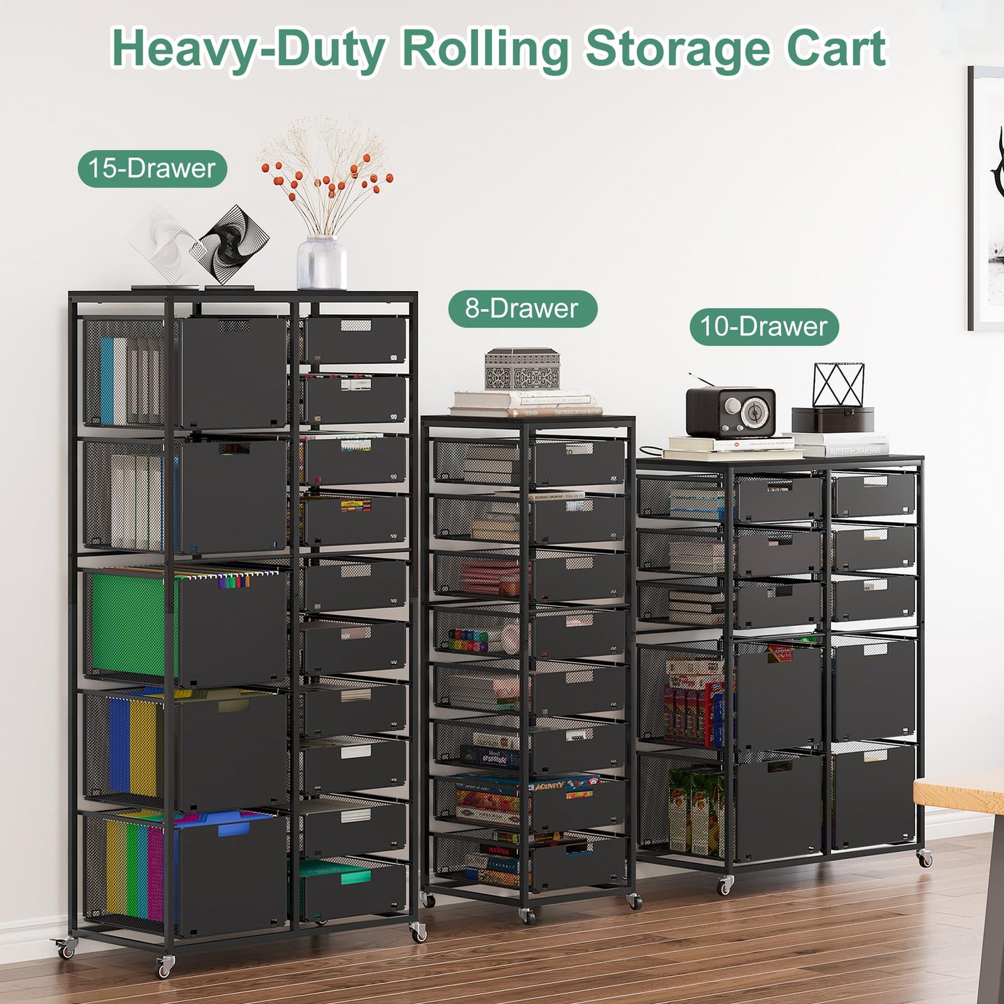 EasyPAG Rolling Storage Cart With 10 Drawers, Metal Craft Organizers And Storage Cart With Wood Tabletop, 30 Lbs Capacity Per Drawer For Home Office Classroom And Dorm, Black