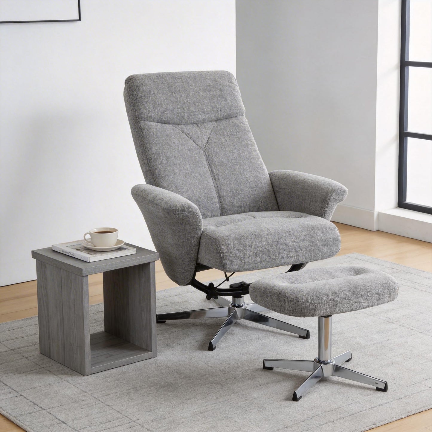 KEIKI Swivel Recliner with Ottoman Chair for Men, Modern Chenille Upholstered Manual Push Back 360° Swivel Armchair, Ergonomic Lounge Footrest for Living Room Bedroom Reading Home Office, Light Grey