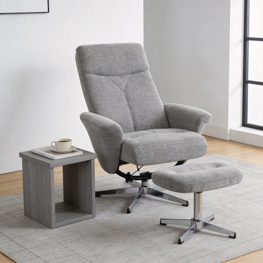 KEIKI Swivel Recliner with Ottoman Chair for Men, Modern Chenille Upholstered Manual Push Back 360° Swivel Armchair, Ergonomic Lounge Footrest for Living Room Bedroom Reading Home Office, Light Grey