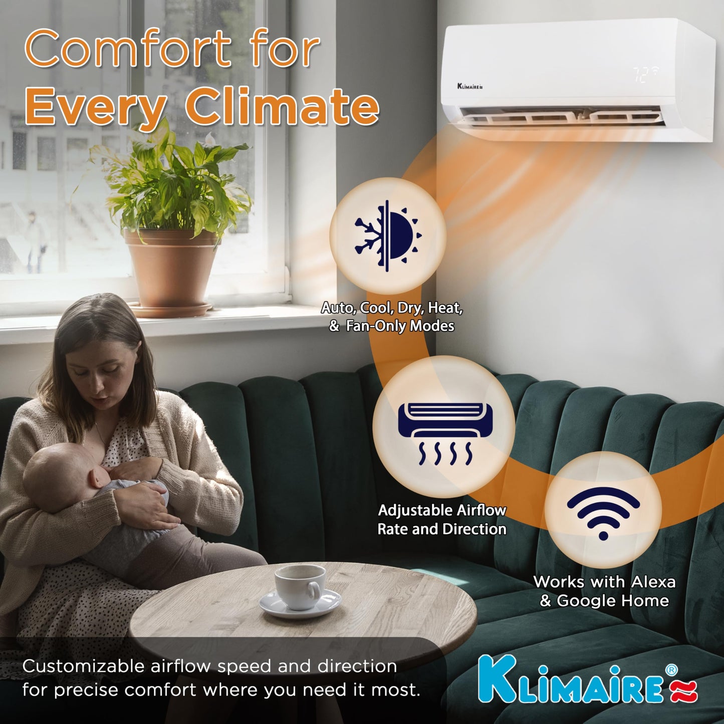 Klimaire 18,000 BTU 2-Zone 23 SEER2 Wall Mounted Mini Split Heat Pump System w/All Inclusive Installation Kits (9,000 BTU + 12,000 BTU) - R454B