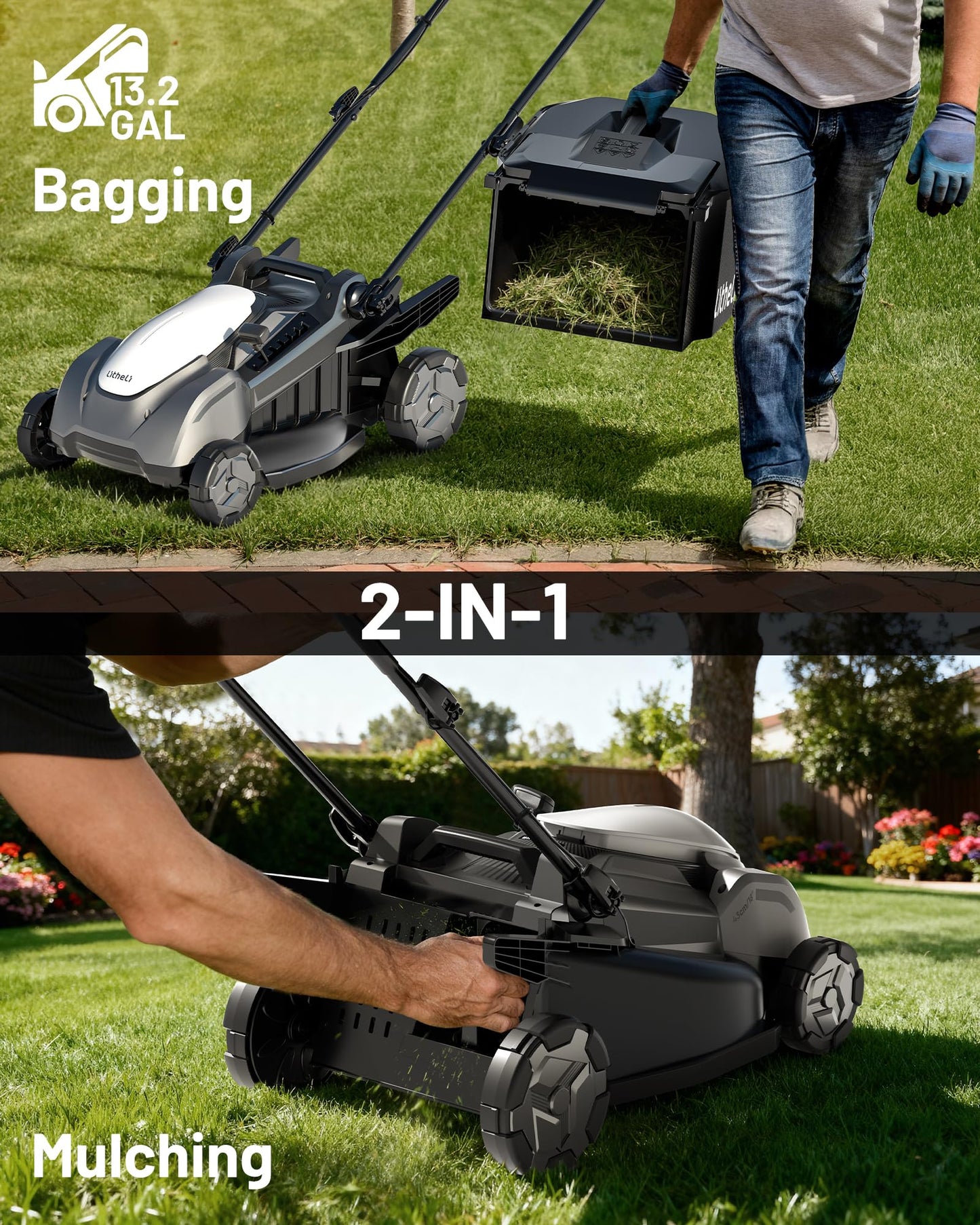 Litheli 18-inch 40V Brushless Lawn Mower for Garden Yards, Lightweight Cordless Lawn Mower Battery Powered with 6-Position Height Adjustment, 2x5.0Ah Battery Included