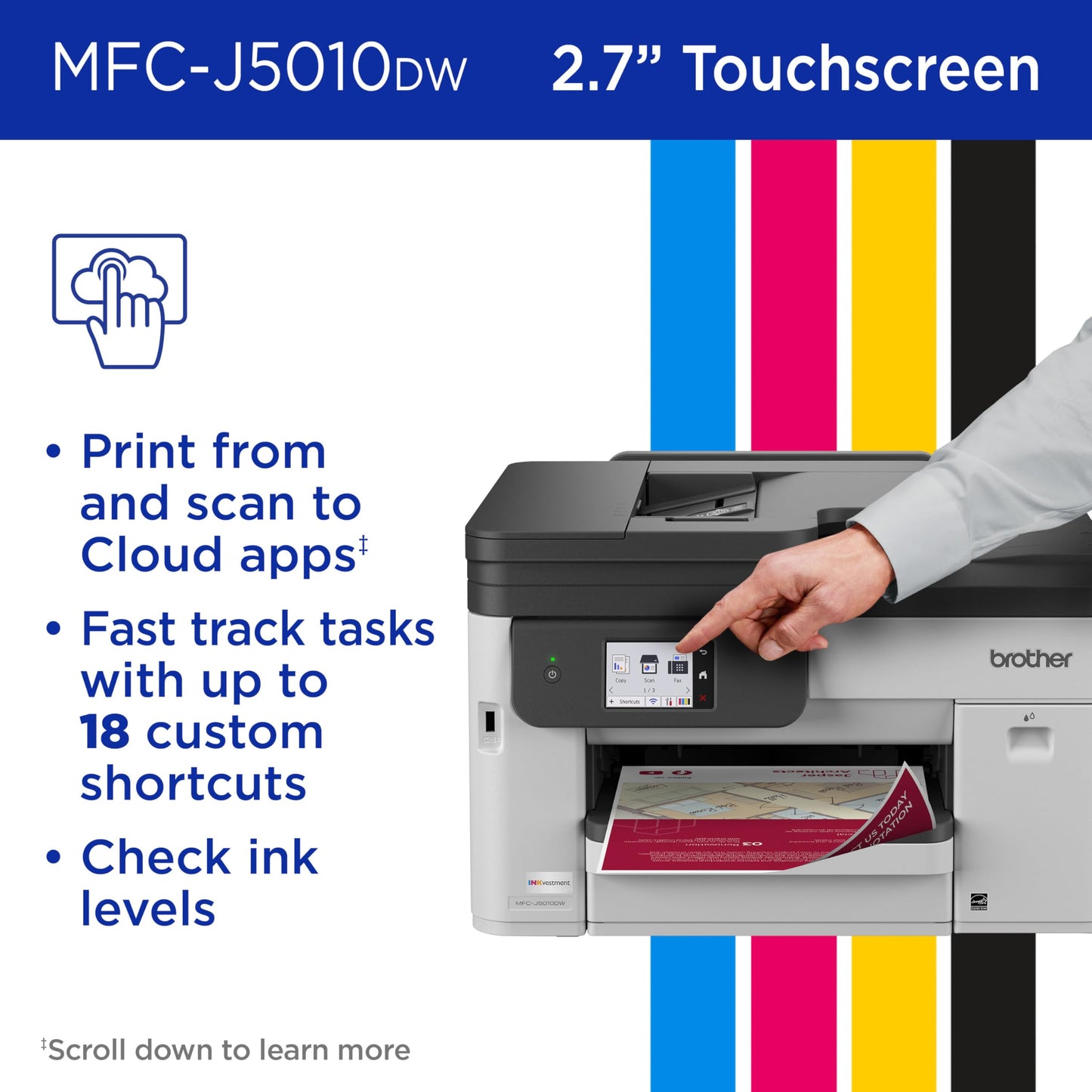 Brother INKvestment 5010 Wireless Color Inkjet All-in-One Printer with Automatic 2-Sided Copy & Scan with 2.7” Color Touchscreen (MCF-J5010DW)