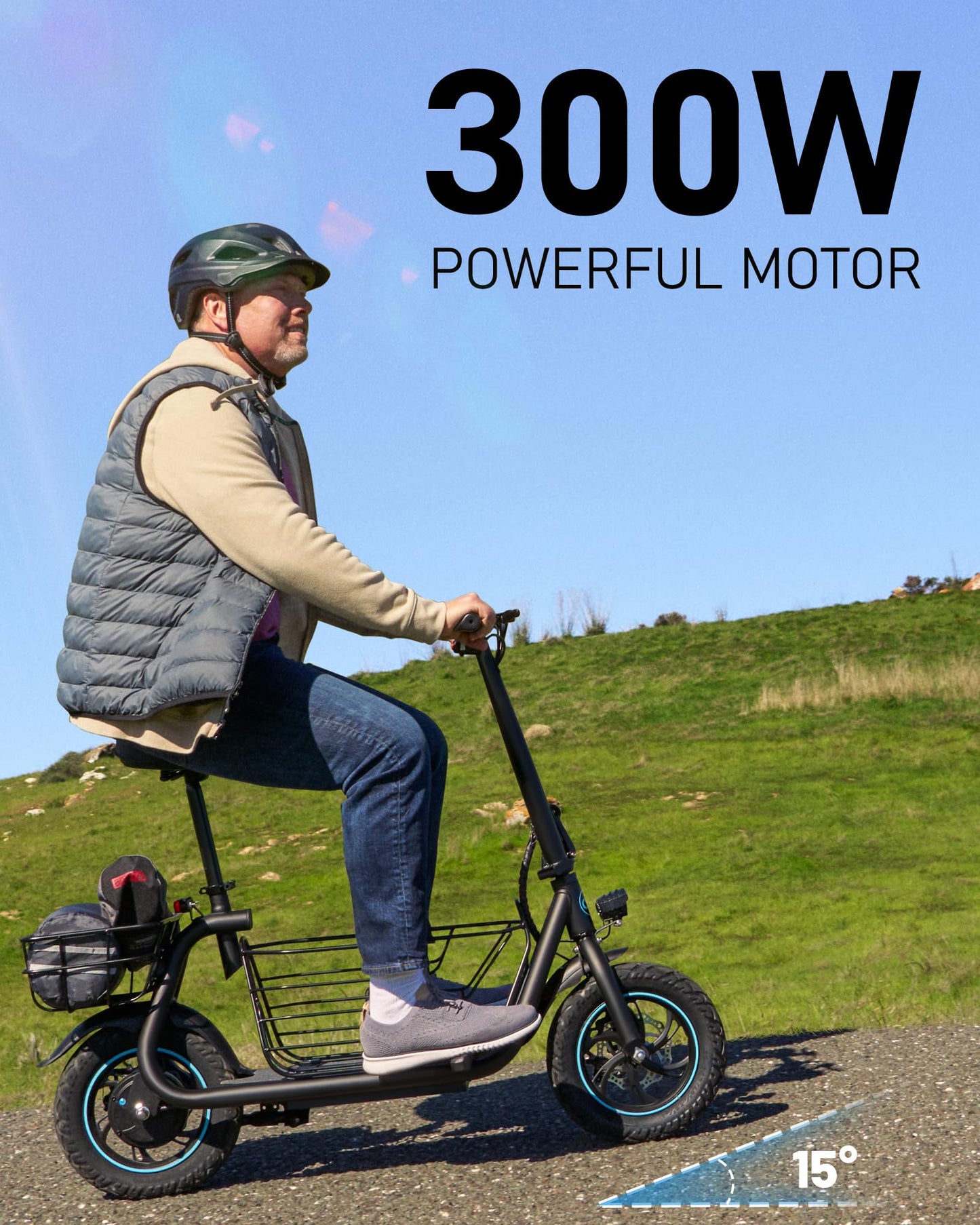 Electric Scooter with Seat, 300W Motor, 15.53MPH Top Speed, 20 Miles Range, Adults E-Scooter with Large Storage Basket for Pets Dogs and Items C1S-PLG