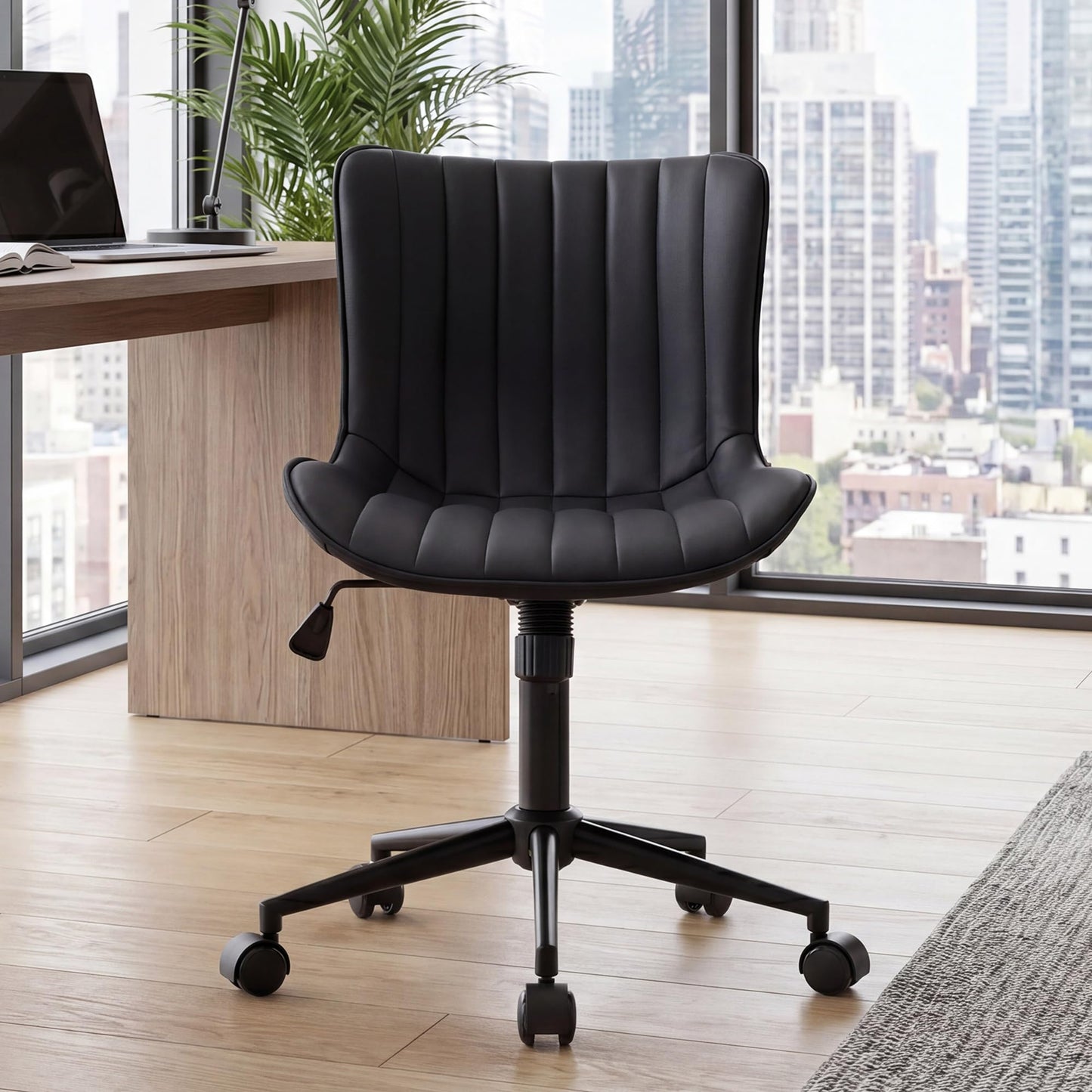 Kidol & Shellder Office Desk Chair with Wheels Modern Leather Cute Armless Swivel Vanity Chair with Comfy Padded Back Ergonomic Rolling Adjustable Computer Task Chair Small Black
