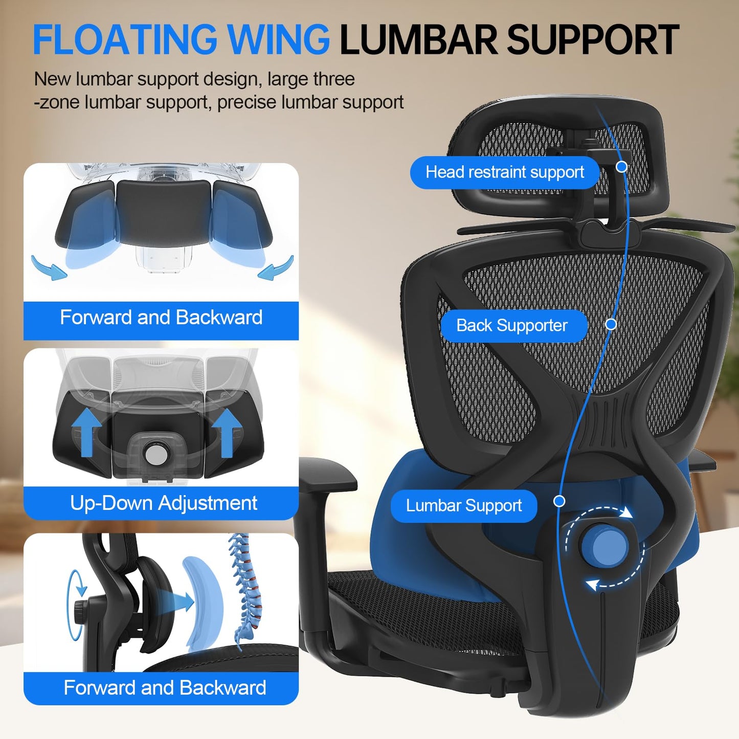 Freepub Ergonomic Mesh Office Chair, Home Desk Chair with Adjustable Lumbar Support, 3D Headrest and Armrests, Reclining Big and Tall High Back Computer Gaming Chair for Man Women, 350lbs, Black