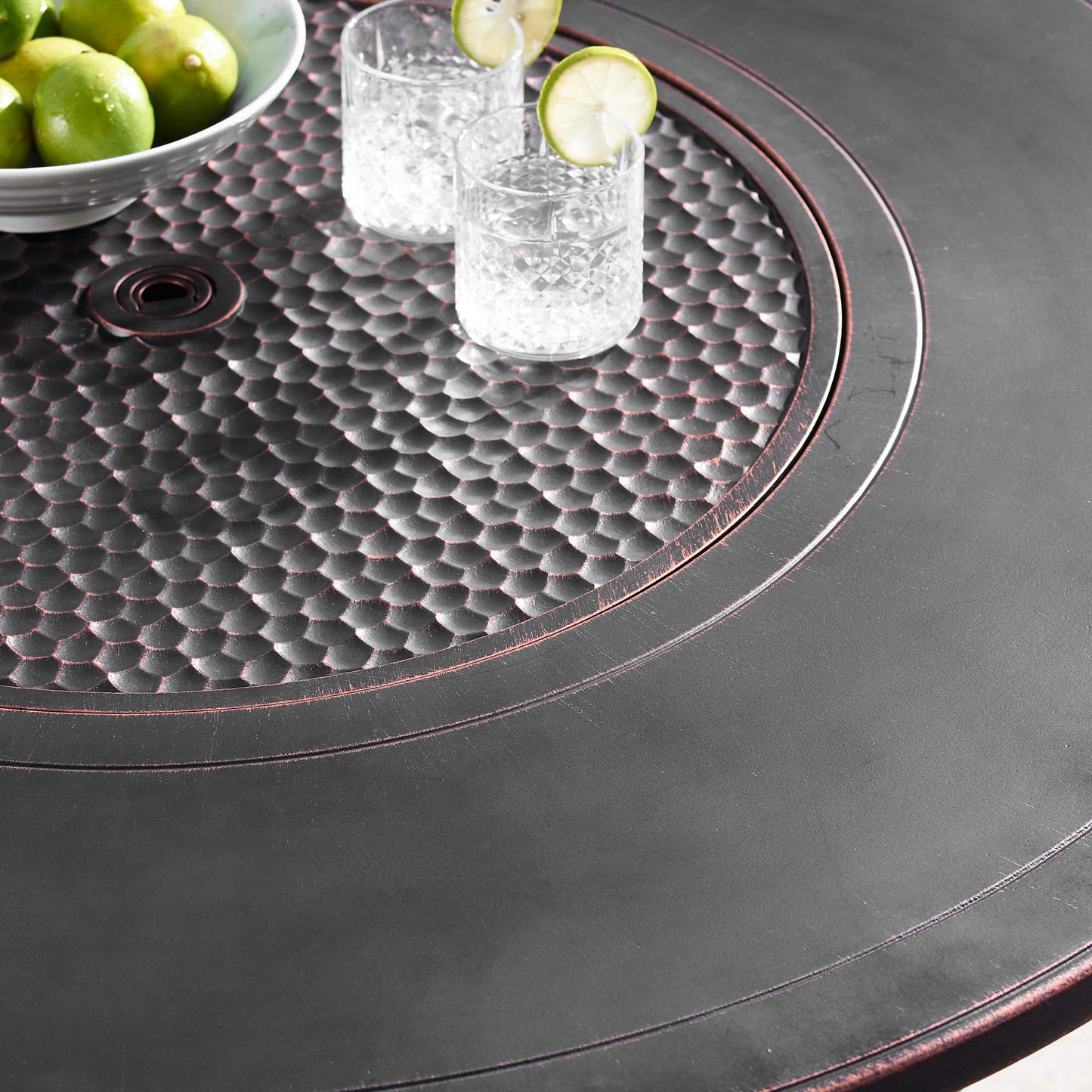 Oakland Living Aluminum 44 in. Round Fire Table Set Four Deep Seating Swivel Rockers, Fire Beads, Lid and Fabric Covers