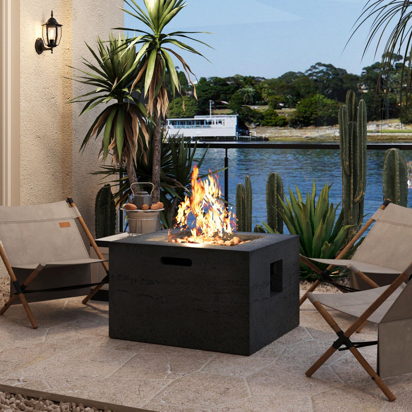 GDFStudio MgO Lightweight Square Propane Fire Pit Table, 40000 BTU Outdoor Propane Fire Pit with Steel Burner, Adjustable Flame Control, Lava Rocks & Rain Cover, Patio Backyard Deck Poolside, Black