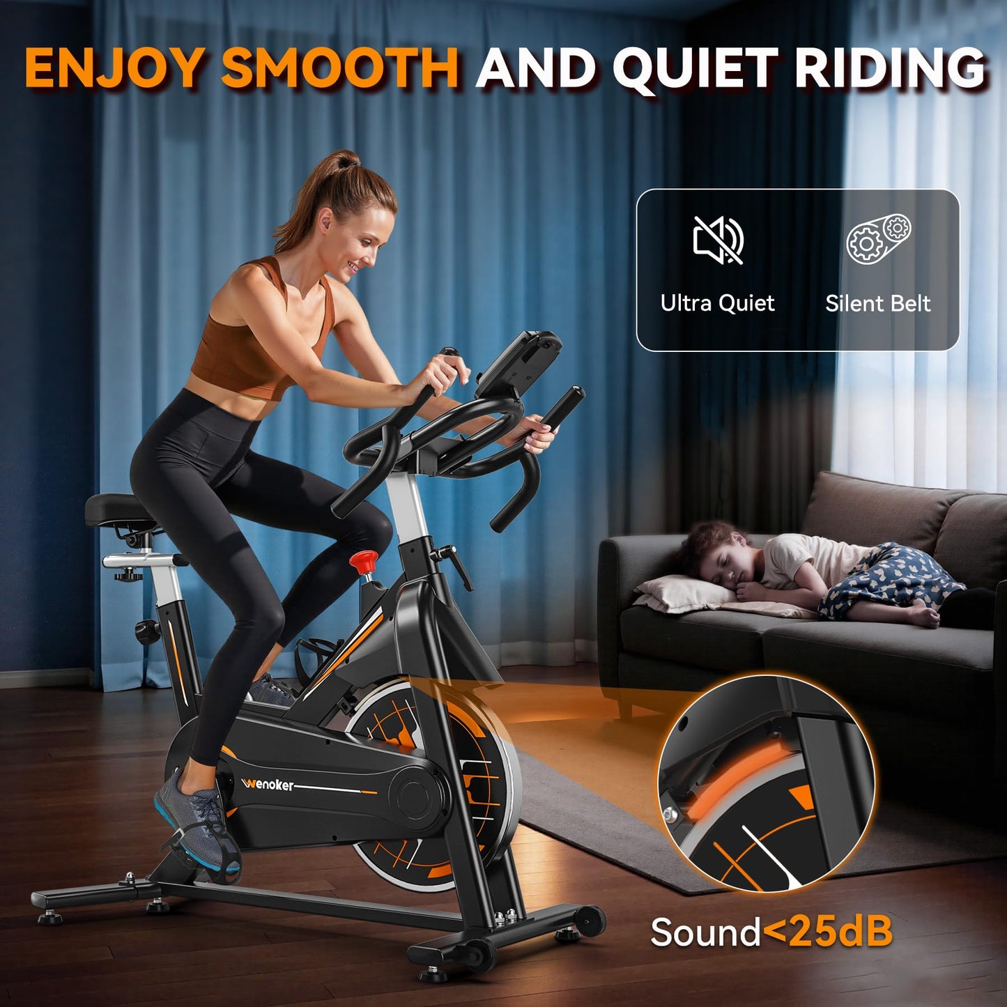 Exercise Bike, Wenoker Stationary Bike for Home, App Supported Indoor Bike with Adjustable Seat and Multi-grips Handlebar, Transport Wheels and Fitness Courses for Weight Loss
