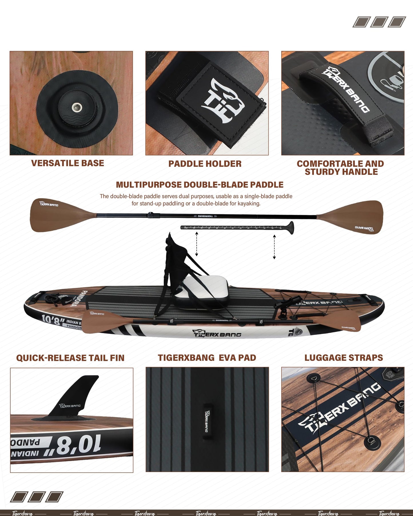TIGERXBANG Inflatable Paddle Board 10'8", Extra Wide, Upgraded Seat, Accessory Mount & Fishing Rod Holder, Premium Accessories for Leisure Paddling & Fishing