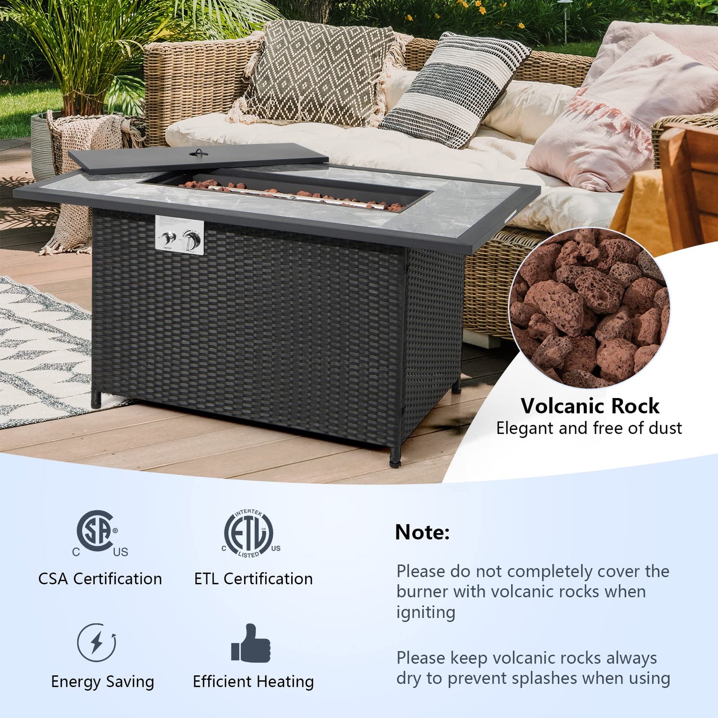 COSTWAY 52" Patio Propane Fire Pit Table, 50,000 BTU Outdoor Fire Table, Electric Pulse Ignition, Marble Tabletop & Weatherproof Rattan, Protective Cover Included, Perfect for Backyard, Poolside