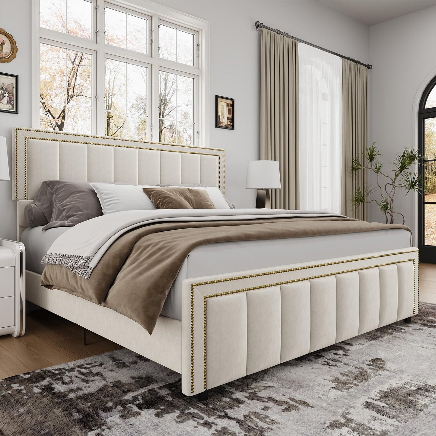 BarnFurin King Size Size Bed Frame with 50" Tall Headboard and Footboard, Chenille Upholstered Bed Frame, Vertical Channel Tufting with Nailhead Trim, No Box Spring Needed, Easy Assembly, Beige