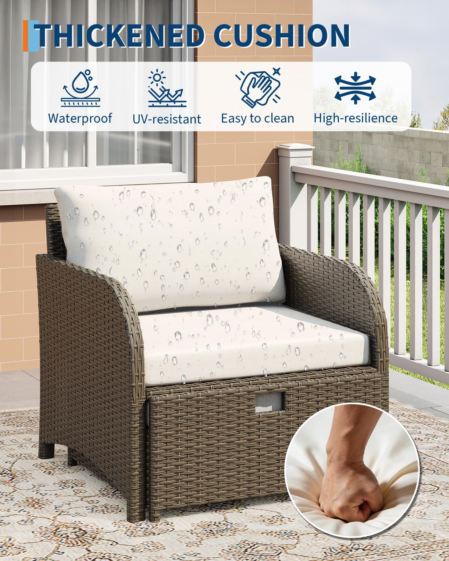 GarveeLife Balcony Furniture 5 Piece Patio Conversation Set, PE Rattan Wicker Outdoor Lounge Furniture with Hidden Ottomans, Soft Cushions & Glass Coffee Table for Porch, Backyard, Balcony, Beige