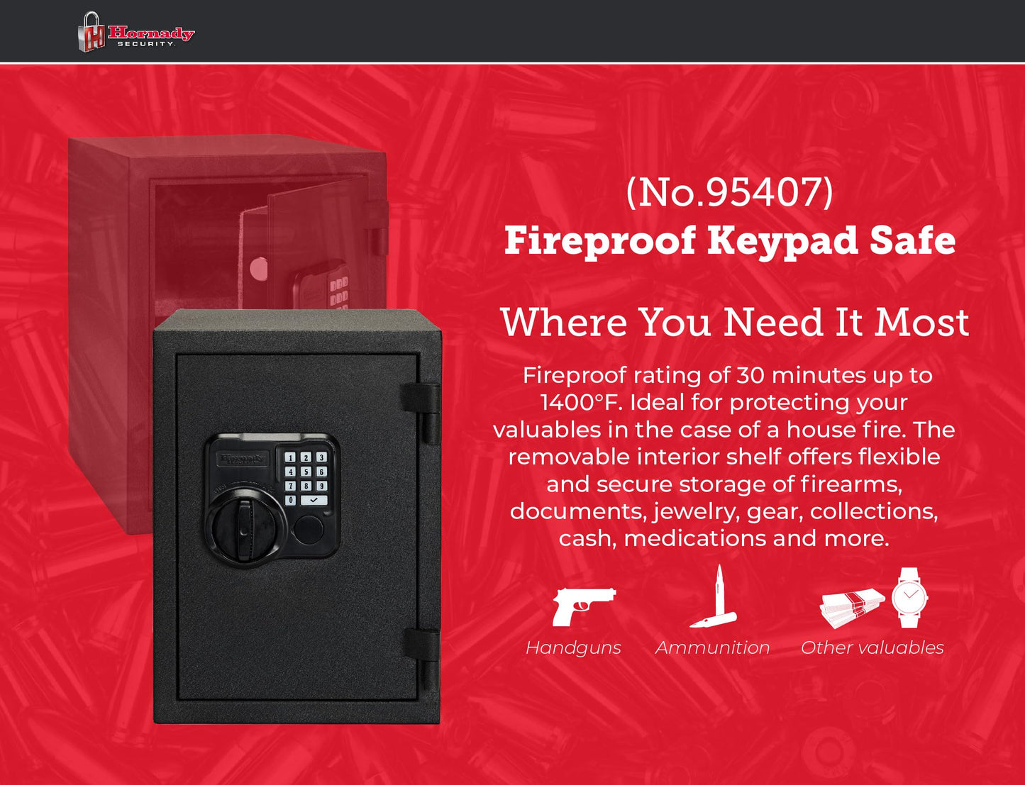 Hornady Fireproof Safe for Guns and Valuables with Keypad Entry - Secure Your Firearms, Cash, Documents, Jewelry and More - 4-6 Digital Keypad Entry, Interior Light and Backup Key - Item 95407