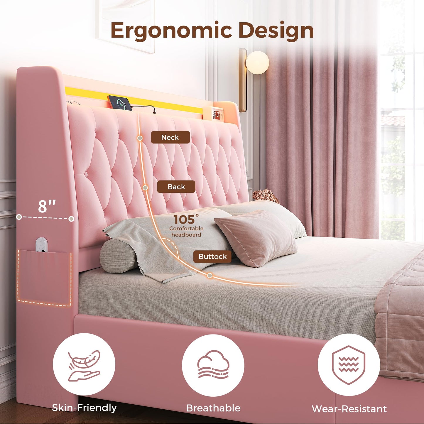 Queen LED Velvet Bed Frame with 2 Storage Drawers&Hidden Headboard, Upholstered Platform Bed with Charging Station&Button Tufted Design, Wooden Slats Support, Box Spring Optional, Easy Assembly, Pink
