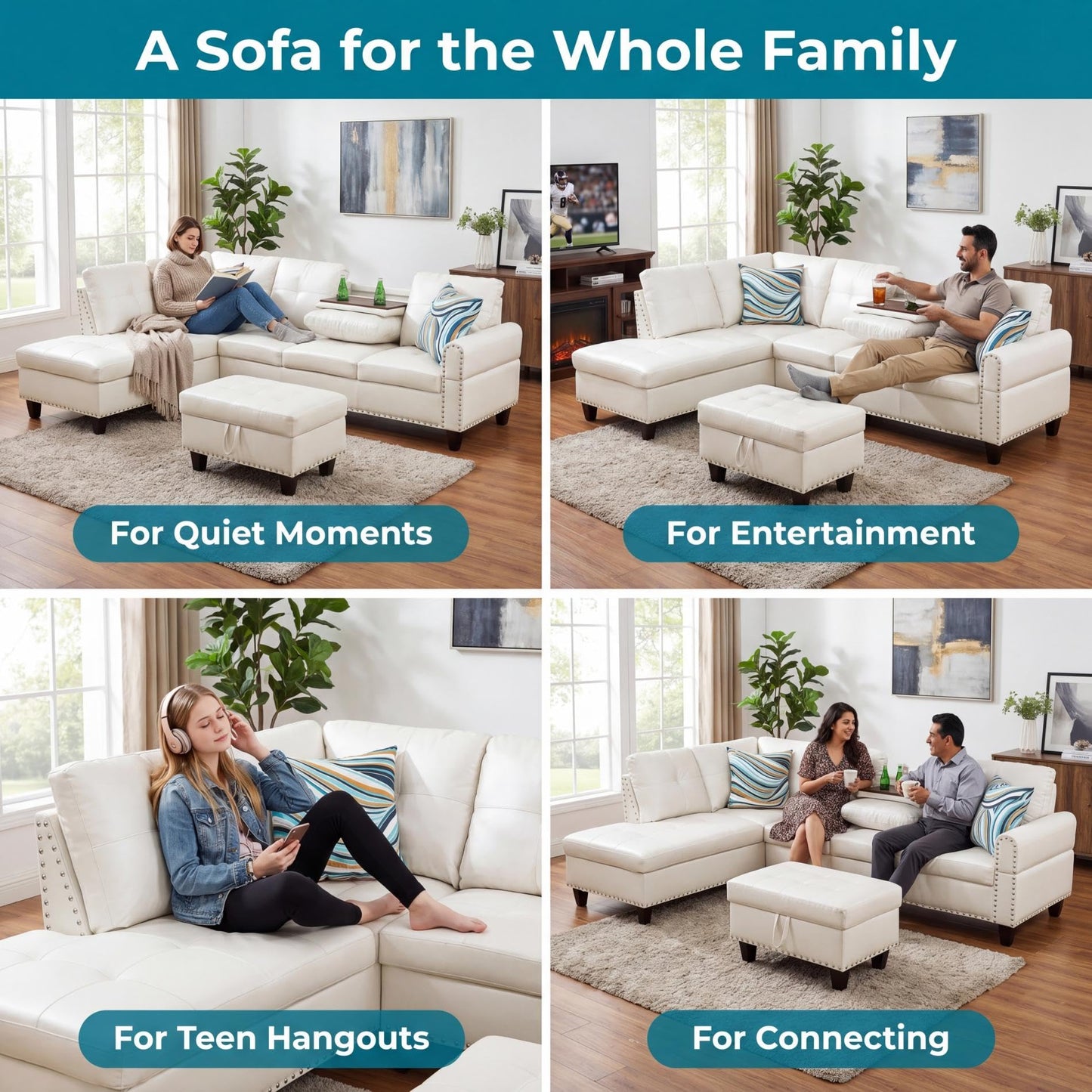 Topcomfy Leather L Shaped Sectional Couches for Living Room - 97.5“ x 69.5" Modular Sectional Sofa with Storage Ottoman, 4 Seat Home Sofa Living Room Furniture Sets with Chaise for Apartment, White