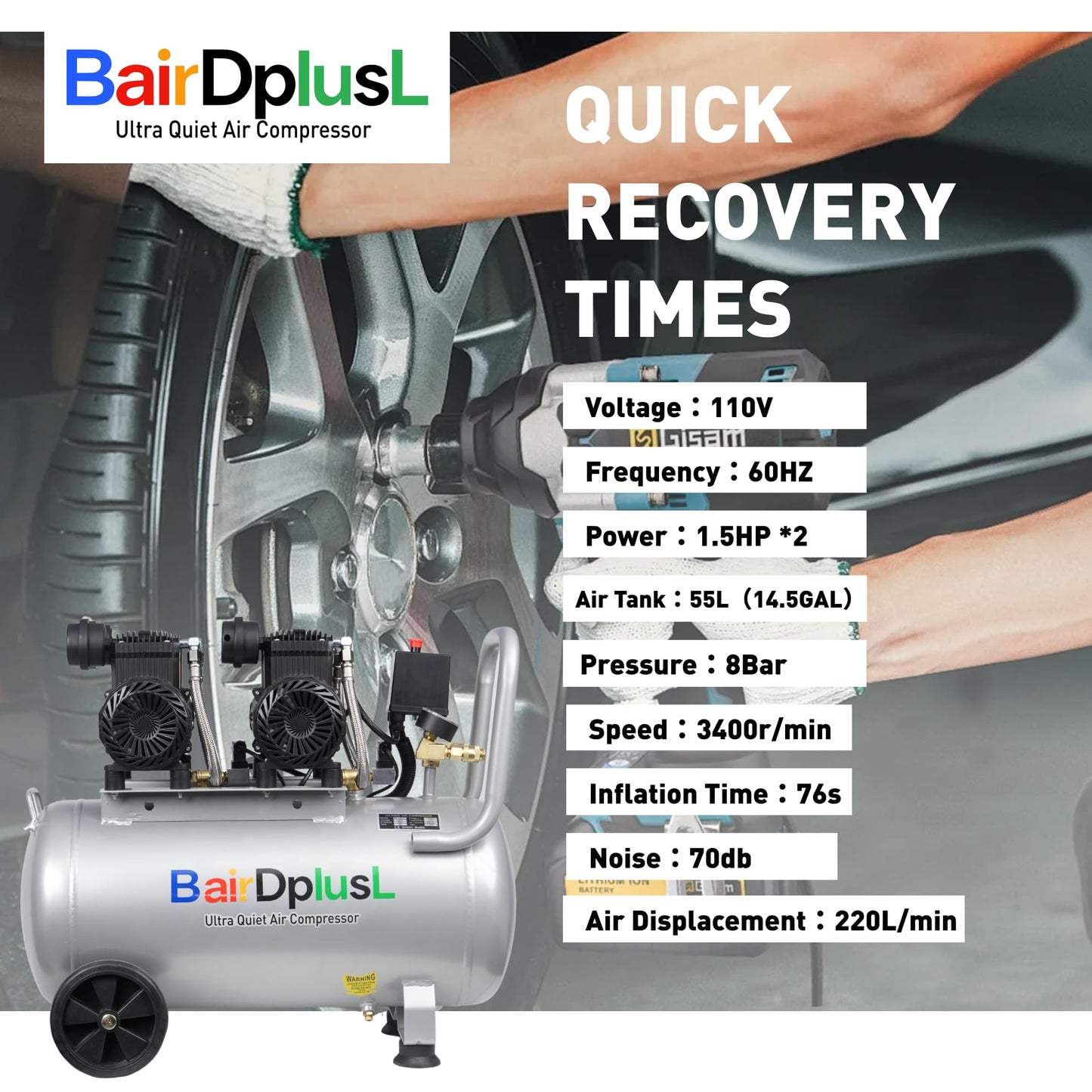 BairDplusL 14.5 Gallon Ultra Quiet Air Compressor 110V/60Hz 1.5HP 8.8CFM MAX 115PSI Steel Tanks Oil-Free 70dB Noise Level Light & Quiet Portable Air Compressor with Wheels for Auto Repair
