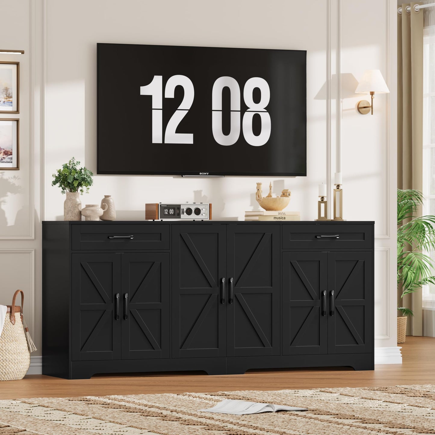 BOTLOG 71” Large Sideboard Buffet Cabinet with Storage, Farmhouse Kitchen Buffet Cabinet with Adjustable Shelves and 6 Barn Doors, Wood Coffee Wine Bar Console Table for Kitchen, Dining Room, Black