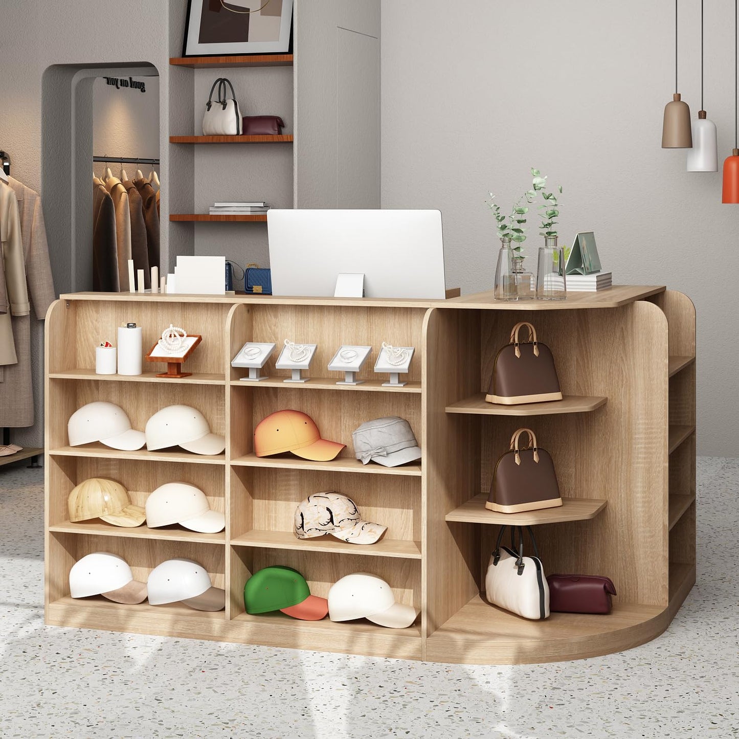 AIEGLE Reception Desk with Counter, 70.9" W Modern Retail Checkout Counter w/Drawers & Open Shelves, L-Shaped Oak Front Desk Reception Table with Storage Cabinet for Salon, Lobby, Office