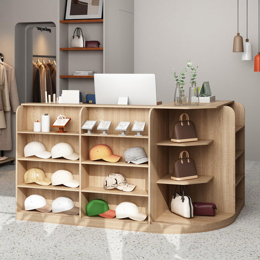 AIEGLE Reception Desk with Counter, 70.9" W Modern Retail Checkout Counter w/Drawers & Open Shelves, L-Shaped Oak Front Desk Reception Table with Storage Cabinet for Salon, Lobby, Office