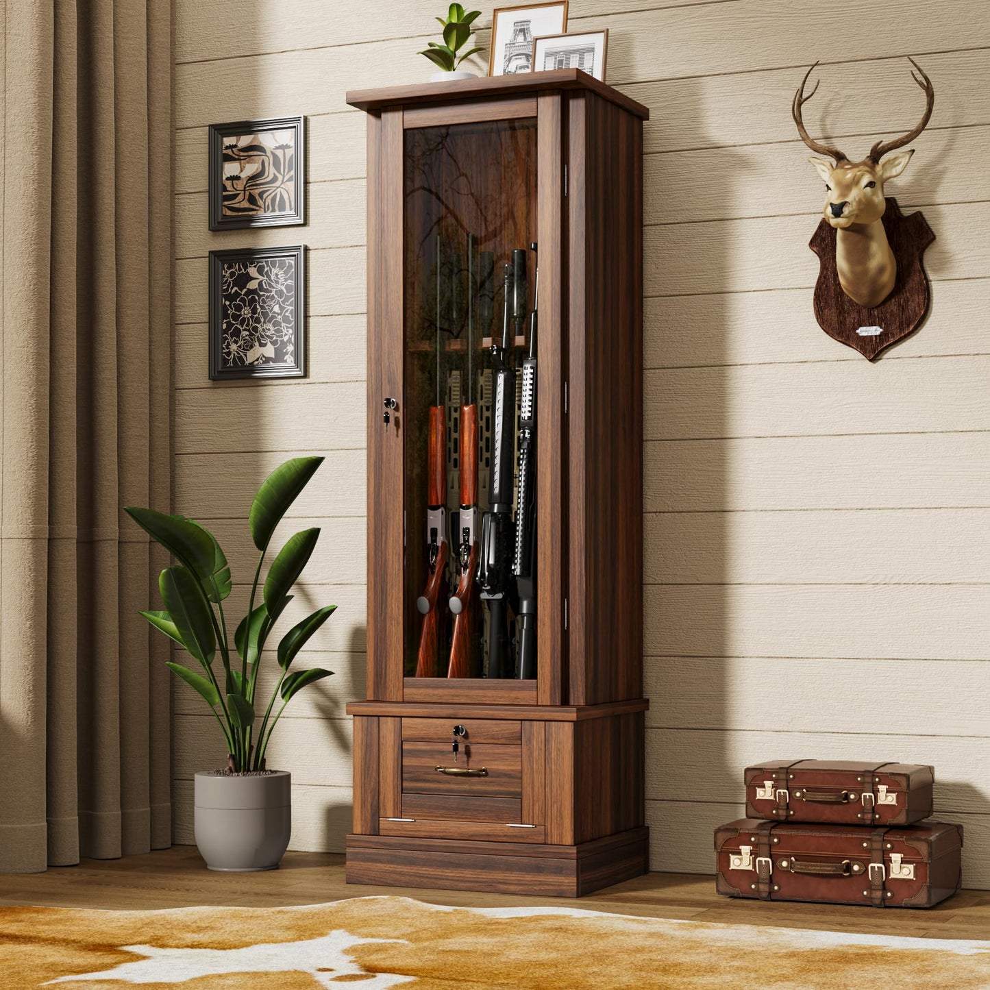 kepptory Gun Safe for 10 Long Rifles and Pistols, Gun Cabinet for Rifle with Mechanical Lock, Espresso Wood Gun Cabinet for Bedroom, Living Room, Easy Assembly