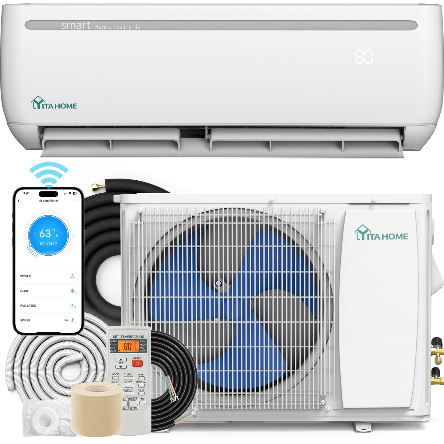 YITAHOME 9000 BTU Mini Split Air Conditioner Heat Pump System, 19 SEER2 115V Ductless Inverter System with Wi-Fi & Alexa Compatibility, Cover Up to 750 Sq. Ft, Complete Installation Kit Included