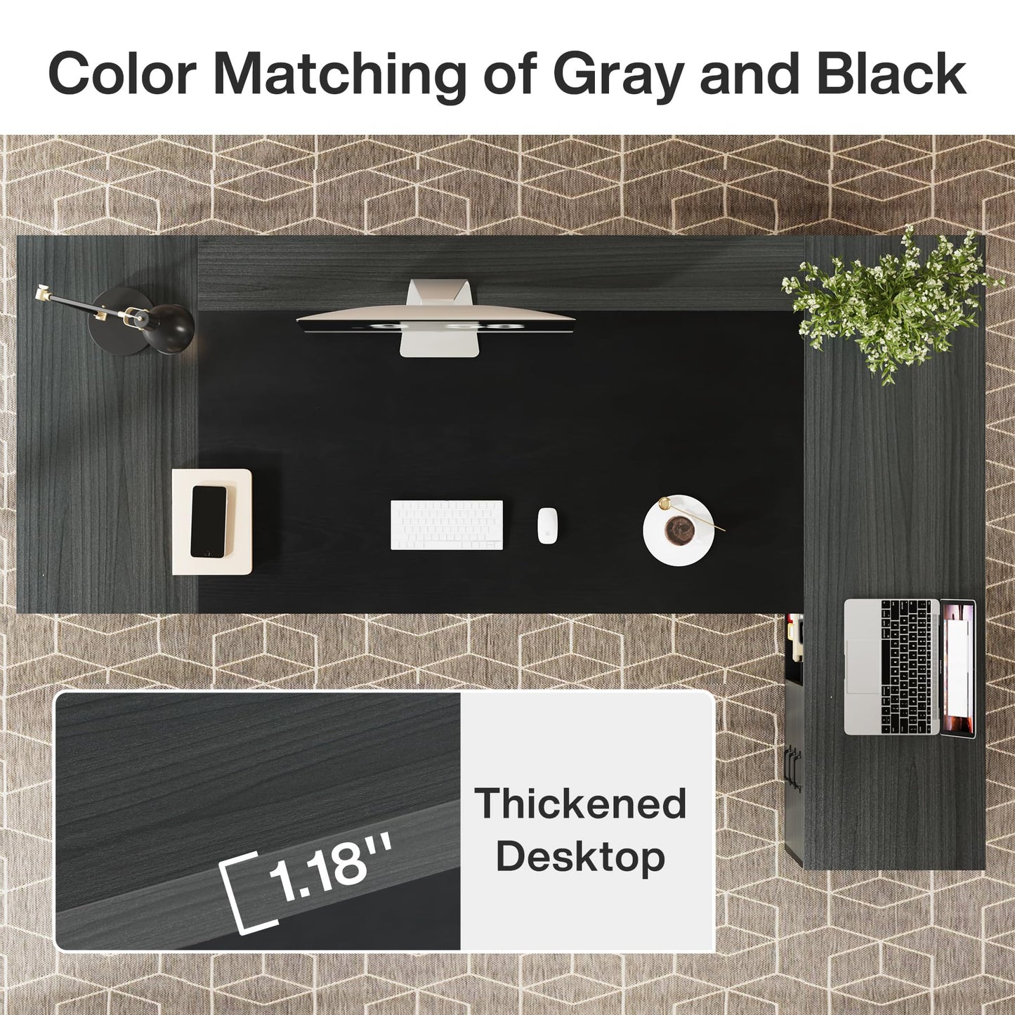 Tribesigns 78" L-Shaped Executive Desk, Large Modern Office Desk with Drawers and Lateral File Cabinet, Business Furniture with Storage Shelves, Big Computer Desk for Home Office (Grey + Blcak)