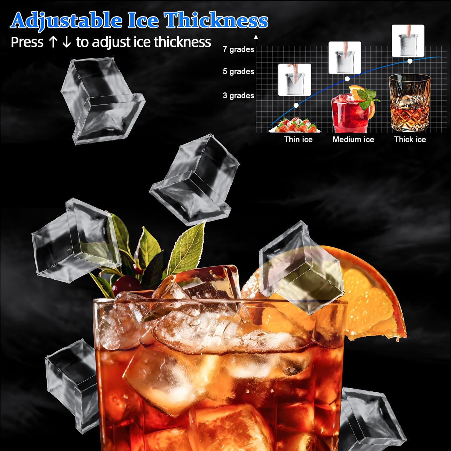 Commercial Ice Maker Machine 200lbs/24H,Stainless Steel Spray Drench Ice Maker 60lbs Storage,50pcs Hat Cubes Per Cycle,Freestanding Gourmet Ice Maker Self-Cleaning for Office, Restaurant, and Bar