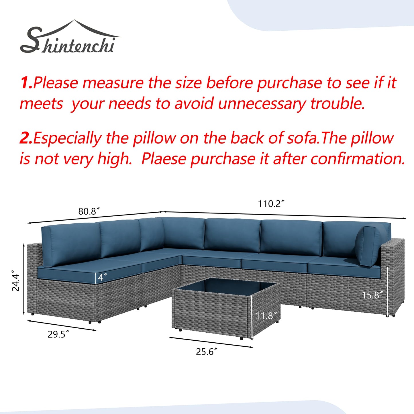 Shintenchi 7 Pieces Outdoor Patio Furniture Sets, Patio Sectional Sofa Couch, Gray PE Wicker Furniture Modular Patio Conversation Sets Patio Sofa with Washable Cushions, Aegean Blue