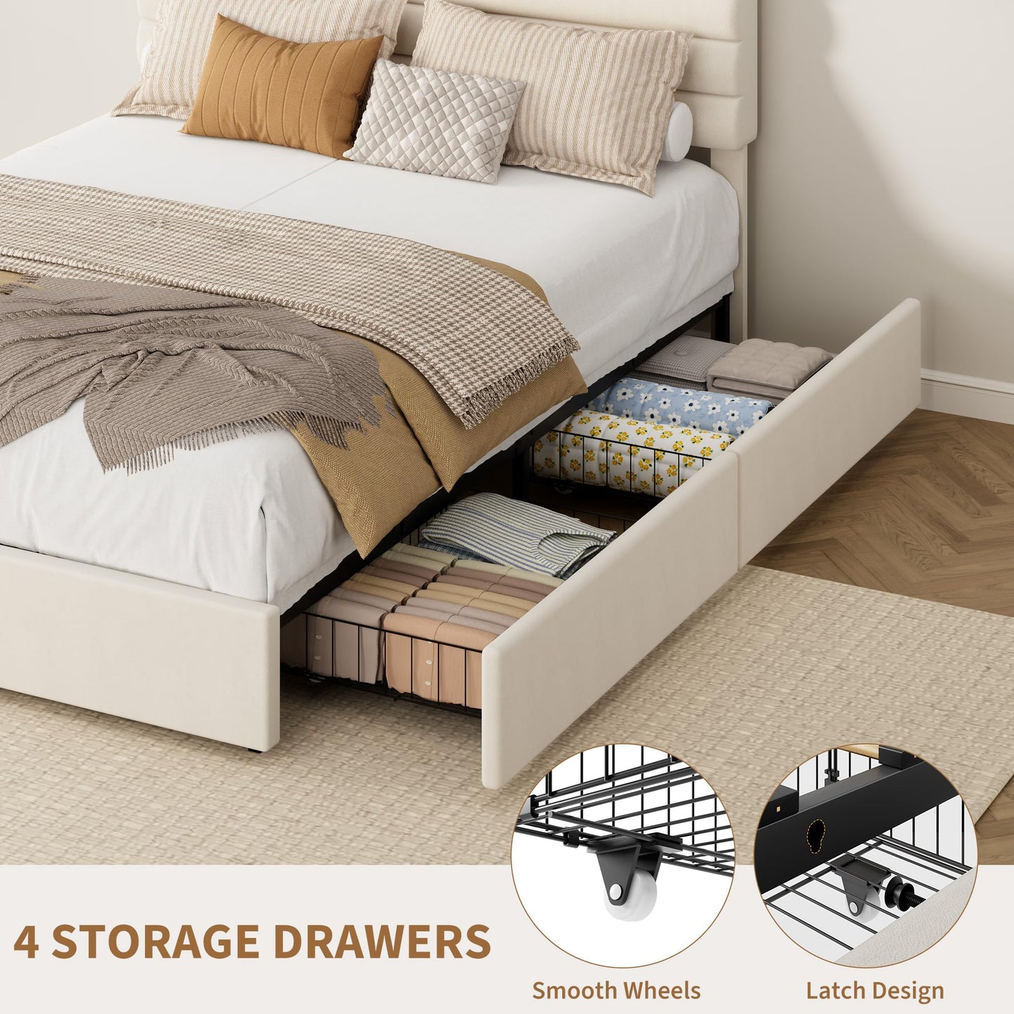 Garvee Queen Size Bed Frame, Velvet Upholstered Platform Storage Bed with 4 Drawers, Wooden Slats Support, No Box Spring Needed, Easy Assembly, Beige