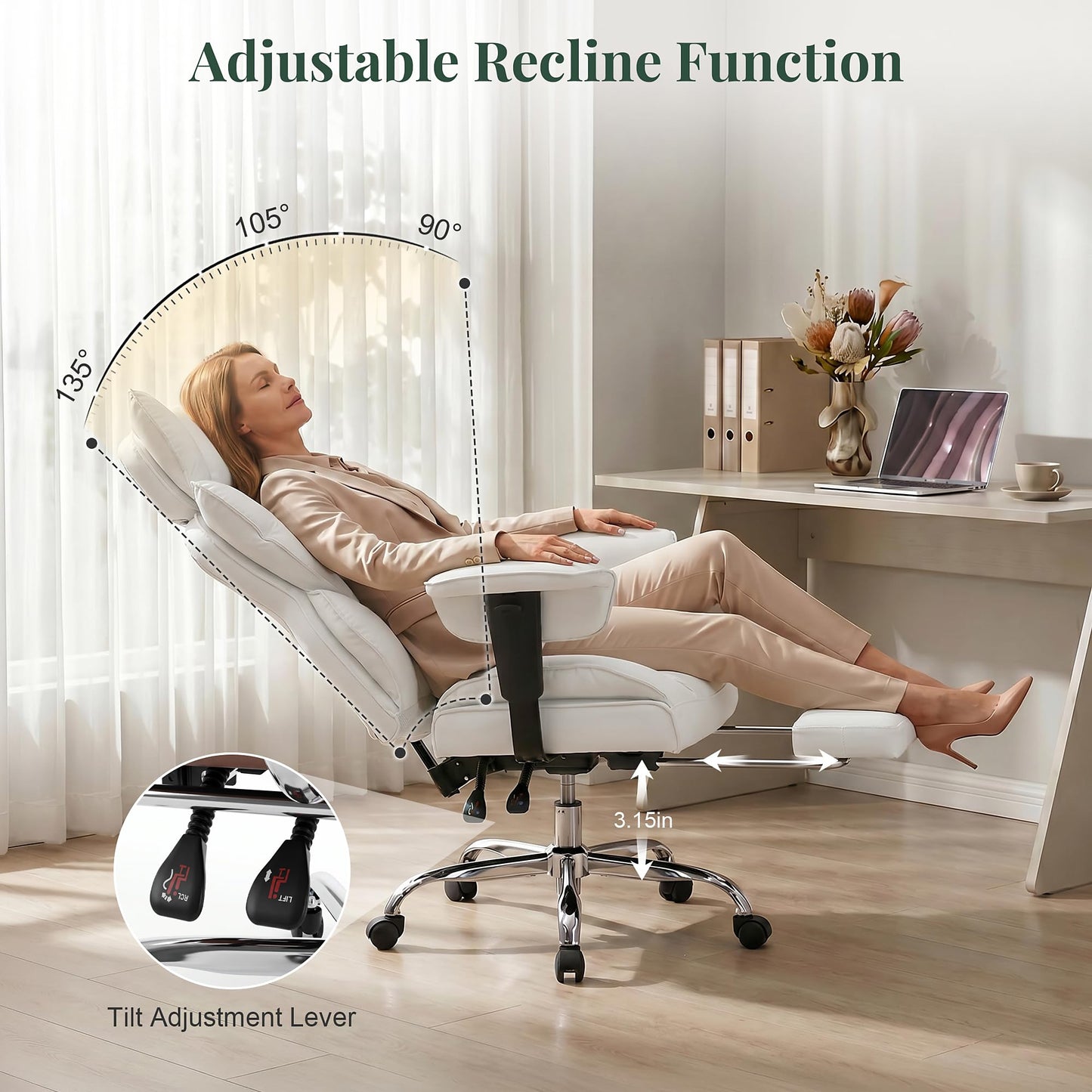HAPPYMONT Big and Tall Ergonomic Office Chair,350 lbs,High Back Reclining PU Leather Gaming Chair with Footrest, Adjustable Armrests, Lumbar Support, Executive Desk Chair for Home Office, Beige