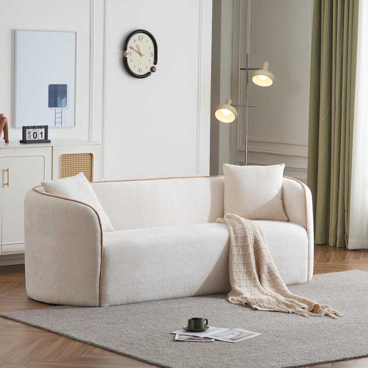 Christopher Knight Home Audie Modern Minimalist Living Room Boucle Fabric Upholstered 3-Seater Sofa, Ergonomic Curved Lounge Couch Seating, Soft Padded Cushion,Wooden Frame,Bedroom/Home Office,Beige