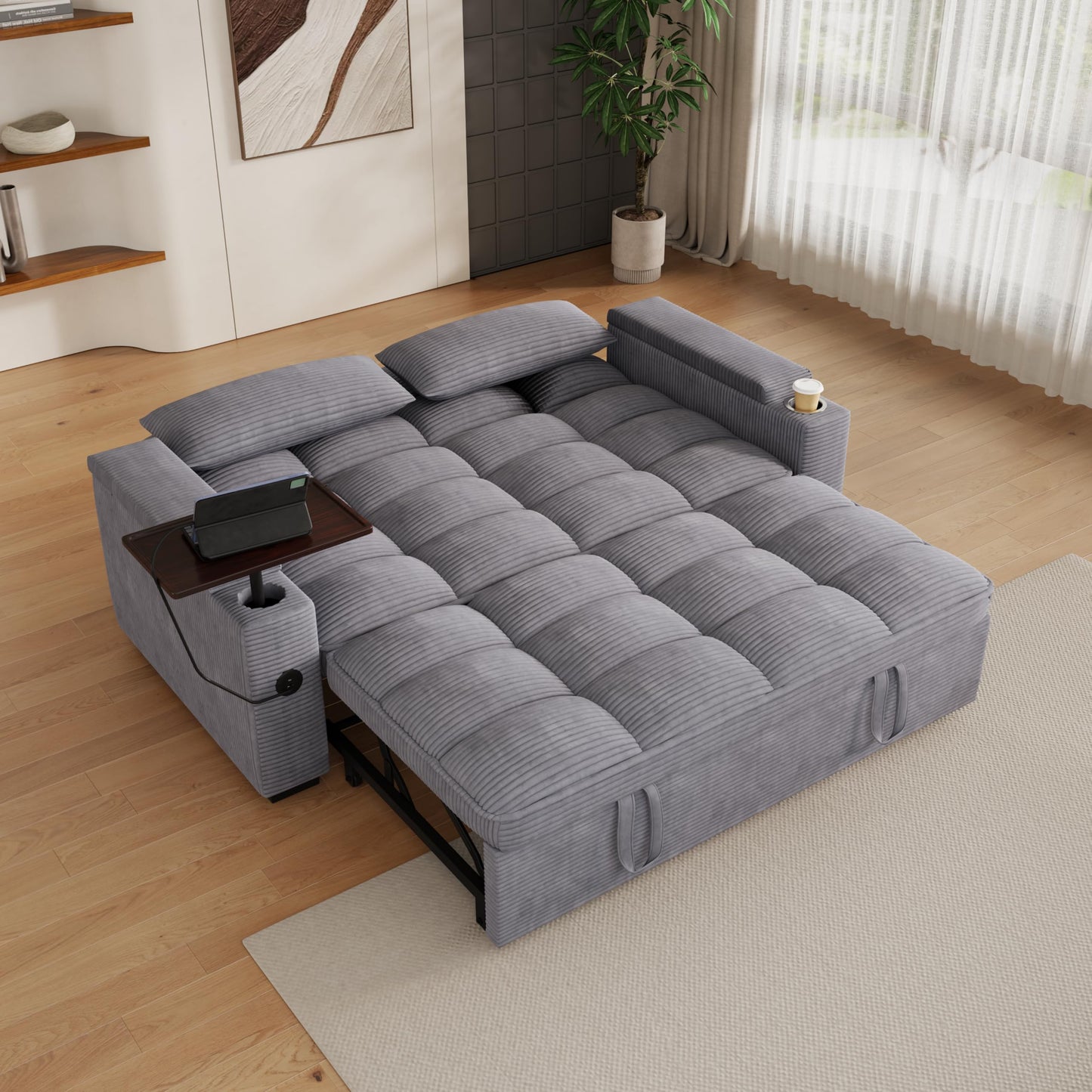 KEIKI 65" 3-in-1 Convertible Sofa Bed, Space-Saving Pull-Out Sleeper Loveseat with 360° Swivel Table, USB Charging Ports & Hidden Storage, Premium Ribbed Corduroy Couch for Apartments
