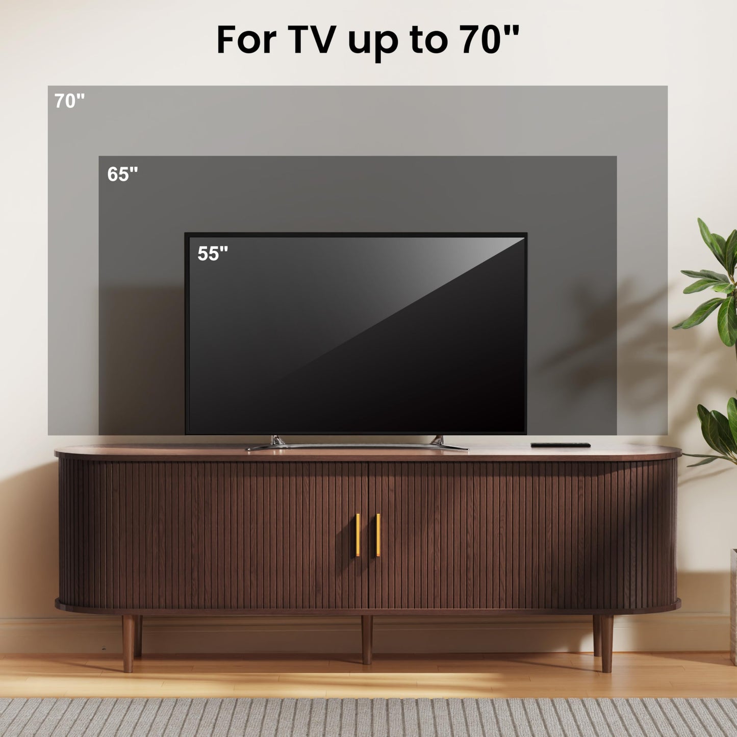 DHH 63 Inch Mid Century Modern TV Stand with Power Outlet for TVs up to 70 Inch, Entertainment Center with Storage and Adjustable Shelves, Media Console with Sliding Doors for Living Room(Walnut)
