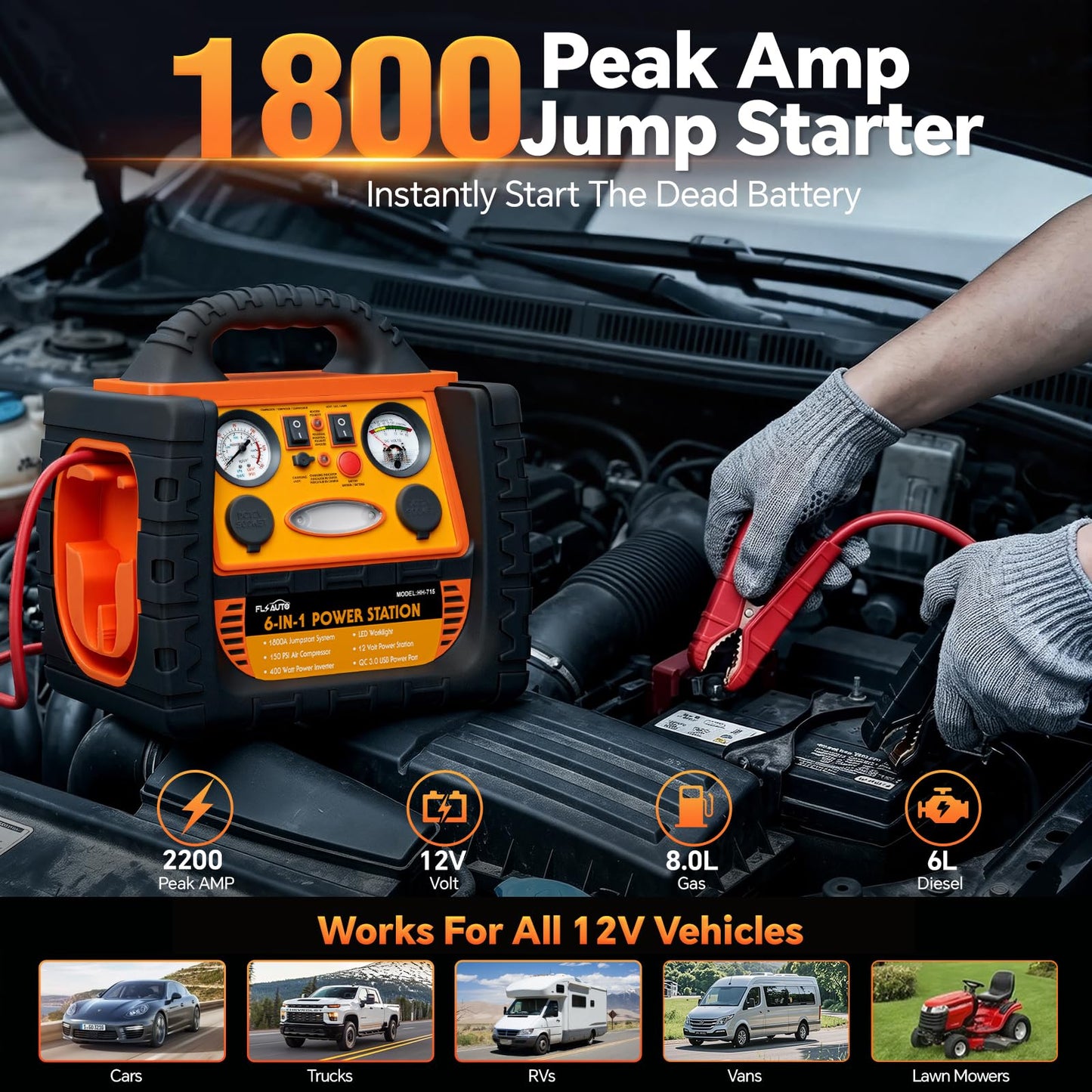Portable Jump Starter with Air Compressor, FlyAuto 1800A Battery Booster for Cars, Trucks & SUVs, Up to 8.0L Gas & 6.0L Diesel, 150PSI Tire Inflator, Emergency Power Pack with AC/DC/USB